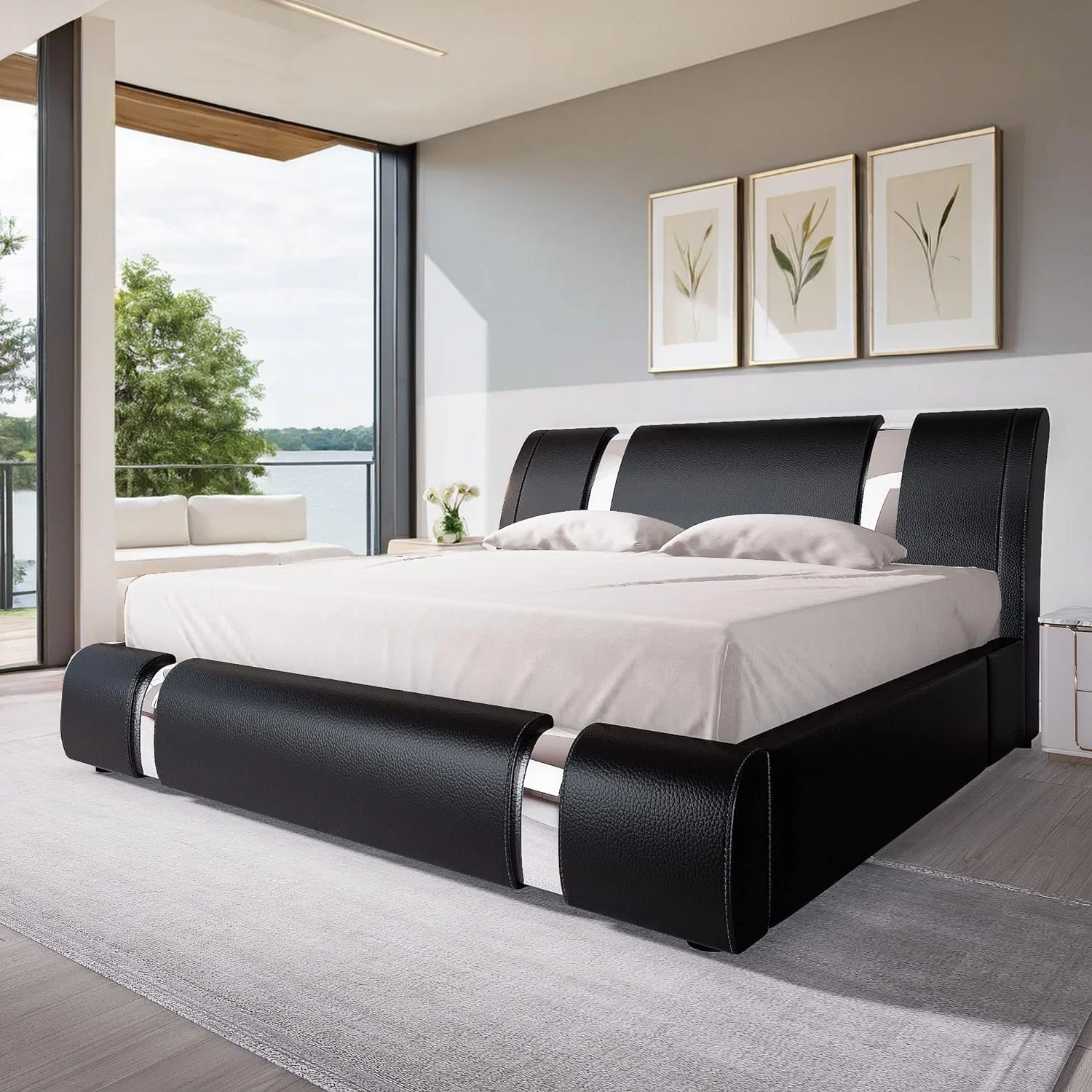 Classic Faux Leather Upholstered Bed Frame with Adjustable Headboard Iron Piece DecorFaux Leather Upholstered Bed Frame with Adjustable Headboard Iron Piece Decor Breathable