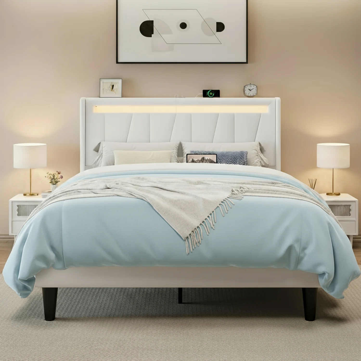 Proven Velvet Upholstered Platform Bed Frame with Charging Station Wingback LED Headboard No Box Spring NeededVelvet Upholstered Platform Bed Frame with Charging Station Wingback LED Headboard No Box Spring Needed Solid