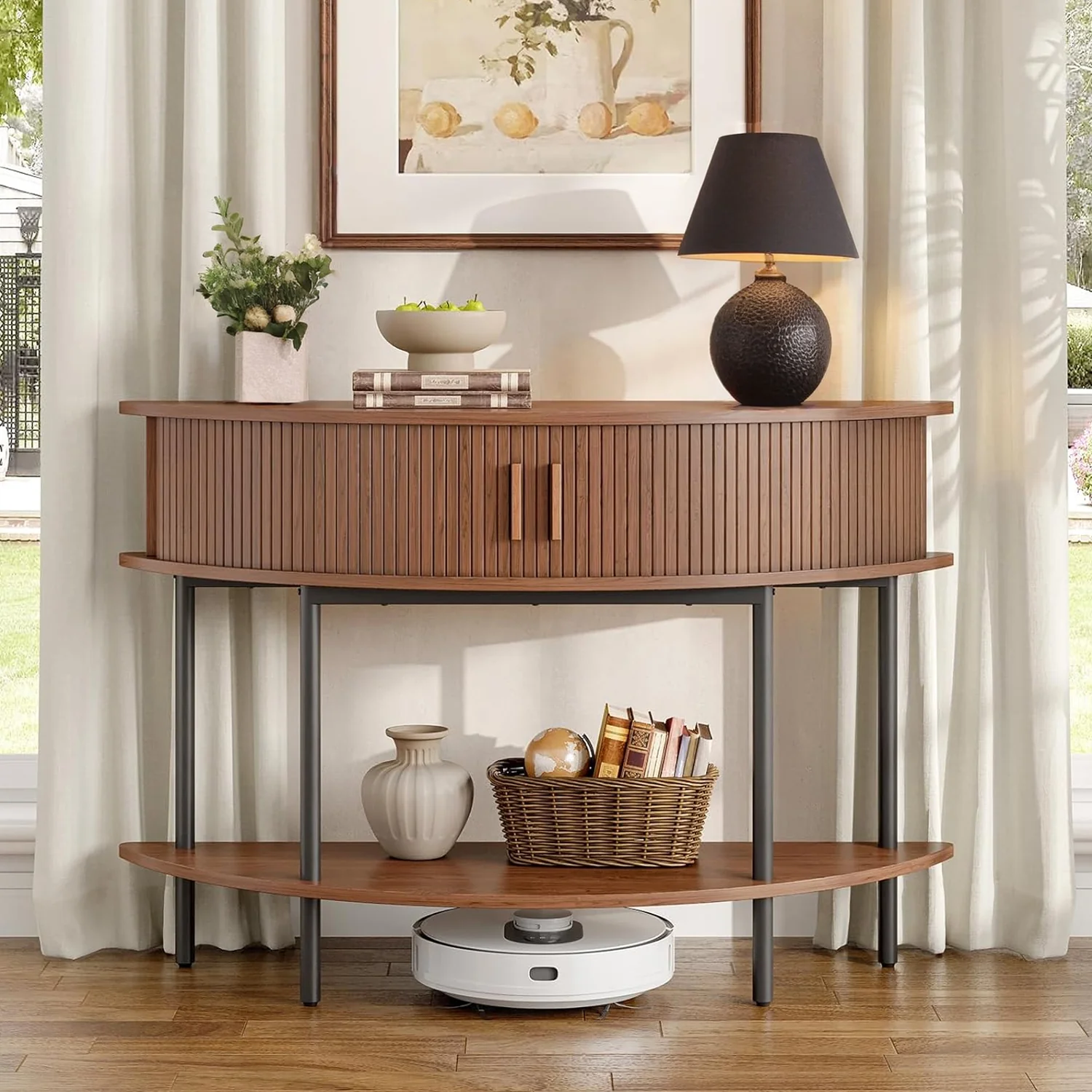 Contemporary Fluted Console Table 2-Tier Entry Table with Storage 46 Inch Half Moon Entryway Table with Sliding DoorsFluted Console Table 2-Tier Entry Table with Storage 46 Inch Half Moon Entryway Table with Sliding Doors High-Performance
