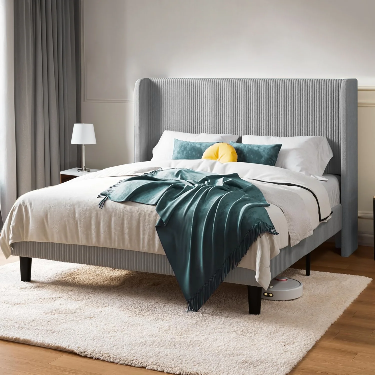 Elite Upholstered Bed Frame in Corduroy Velvet with Wingback Headboard No Box Spring NeededUpholstered Bed Frame in Corduroy Velvet with Wingback Headboard No Box Spring Needed Verified