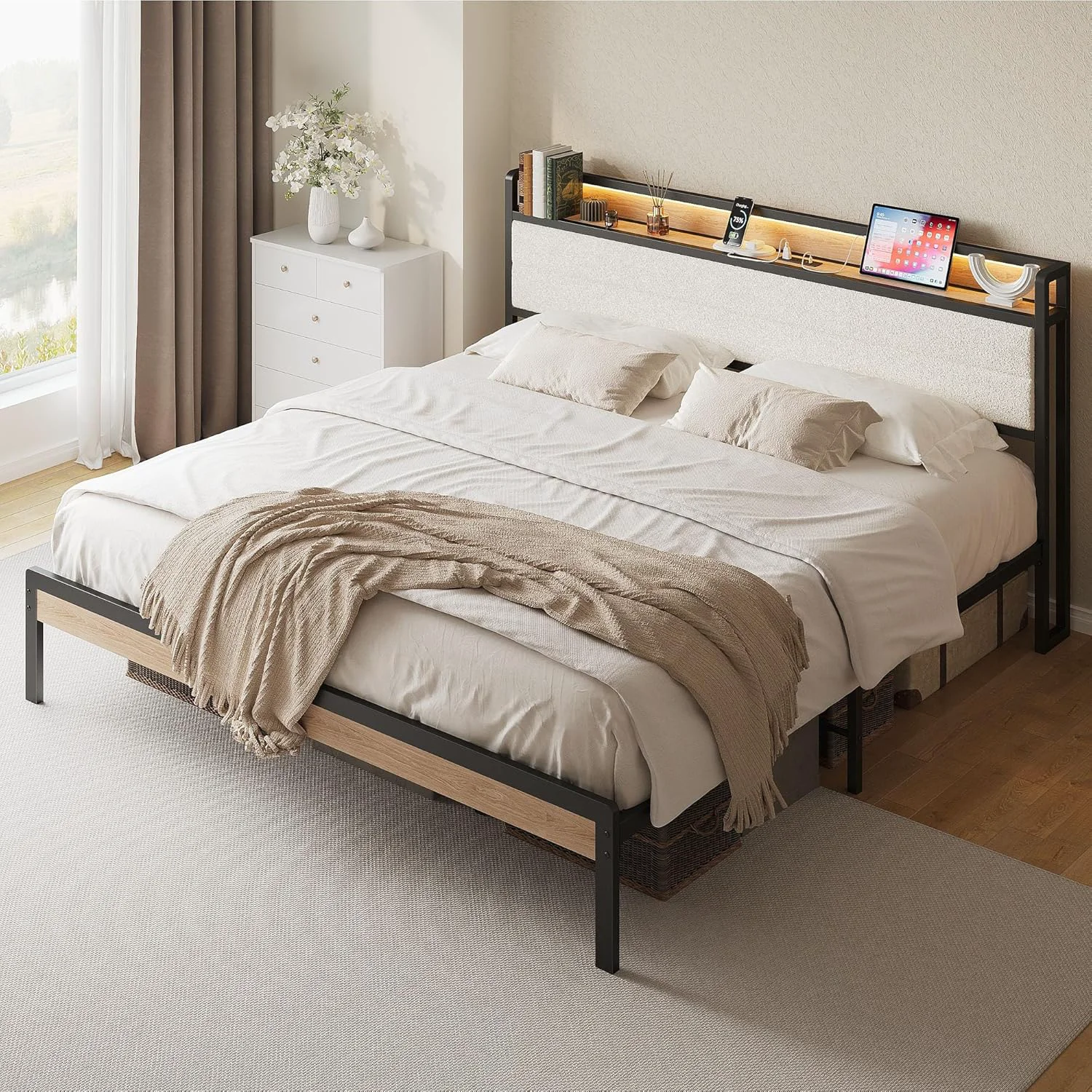 Dependable California King Bed Frame with LED Storage Headboard and Charging Station Natural and Cream Metal Platform Bed FrameCalifornia King Bed Frame with LED Storage Headboard and Charging Station Natural and Cream Metal Platform Bed Frame Reusable
