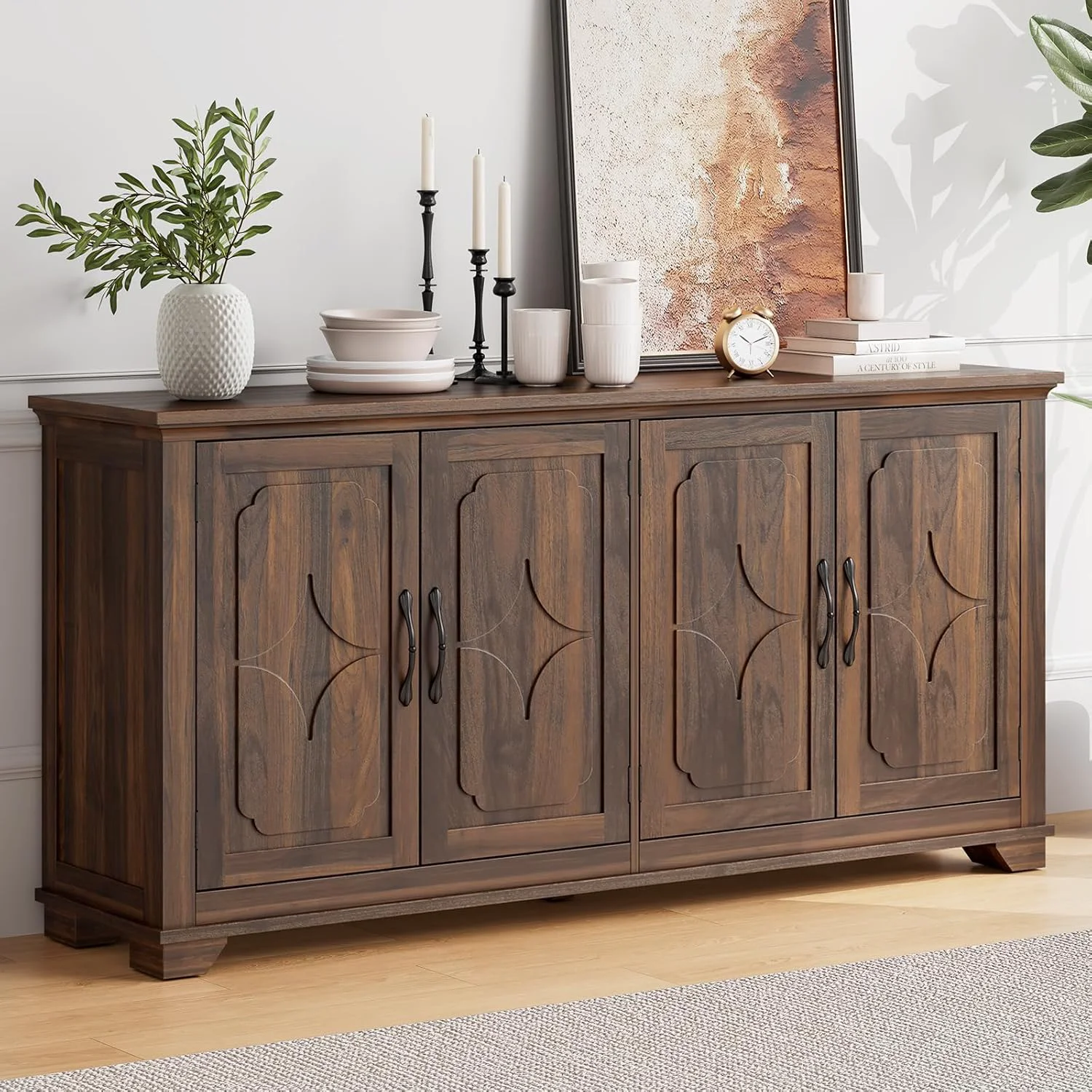 Exclusive 63 Inch Buffet Sideboard Cabinet with Carved Doors Adjustable Shelves63 Inch Buffet Sideboard Cabinet with Carved Doors Adjustable Shelves Top-Quality