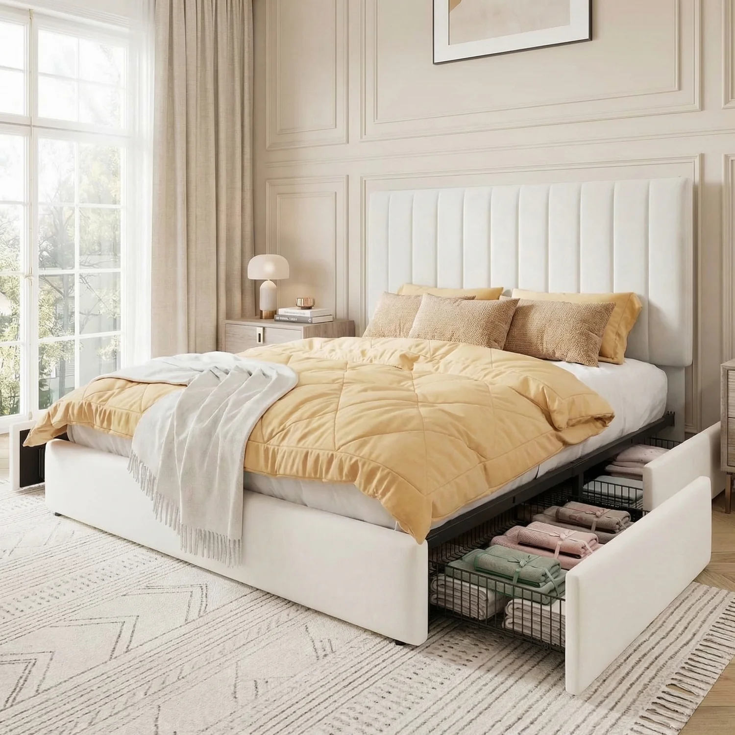 Prestigious Upholstered Storage Bed Frame with Adjustable Tufted Headboard Velvet Platform Bed with 4 Large Underbed DrawersUpholstered Storage Bed Frame with Adjustable Tufted Headboard Velvet Platform Bed with 4 Large Underbed Drawers Practical