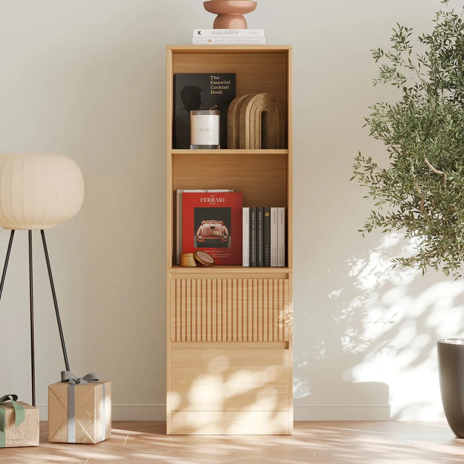 Fine Crafted 4-Tier Bookshelf with 2 Drawers Narrow Bookcase with Shelves for Living Room Home Office4-Tier Bookshelf with 2 Drawers Narrow Bookcase with Shelves for Living Room Home Office Natural