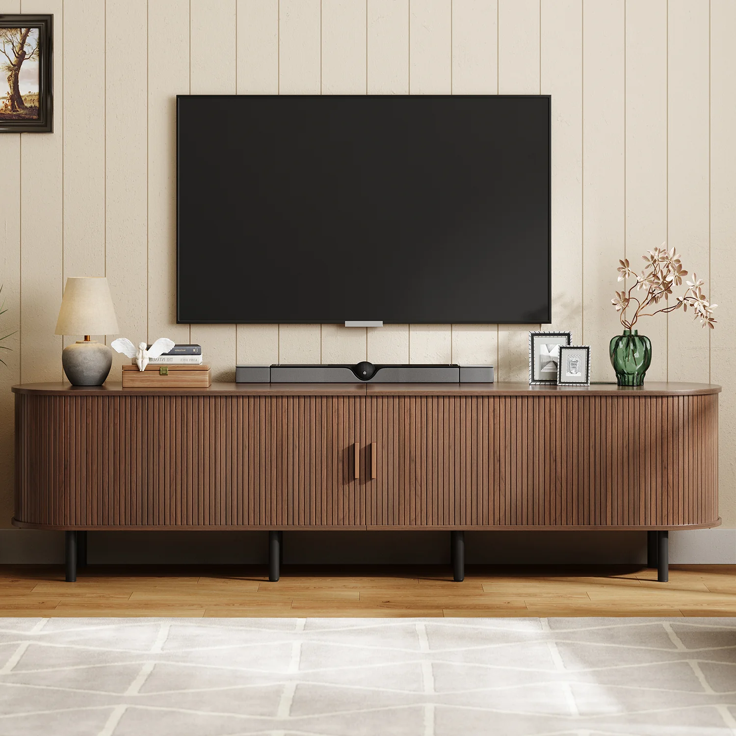 World-Class 86 Inch Fluted TV Stand for T up to 90 Inch Entertainment Center with Storage Adjustable Shelves Power Outlet86 Inch Fluted TV Stand for T up to 90 Inch Entertainment Center with Storage Adjustable Shelves Power Outlet Flexible