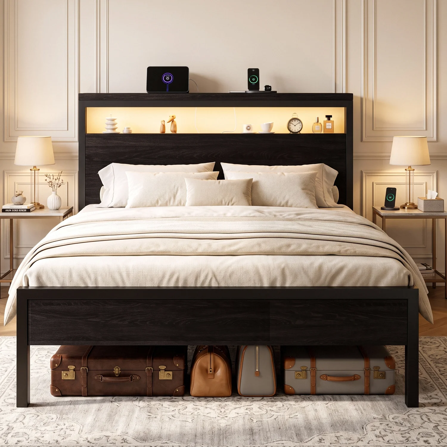 Contemporary Wood Metal Platform Bed Frame with LED Storage Headboard Charging Station No Box Spring NeededWood Metal Platform Bed Frame with LED Storage Headboard Charging Station No Box Spring Needed Traditional