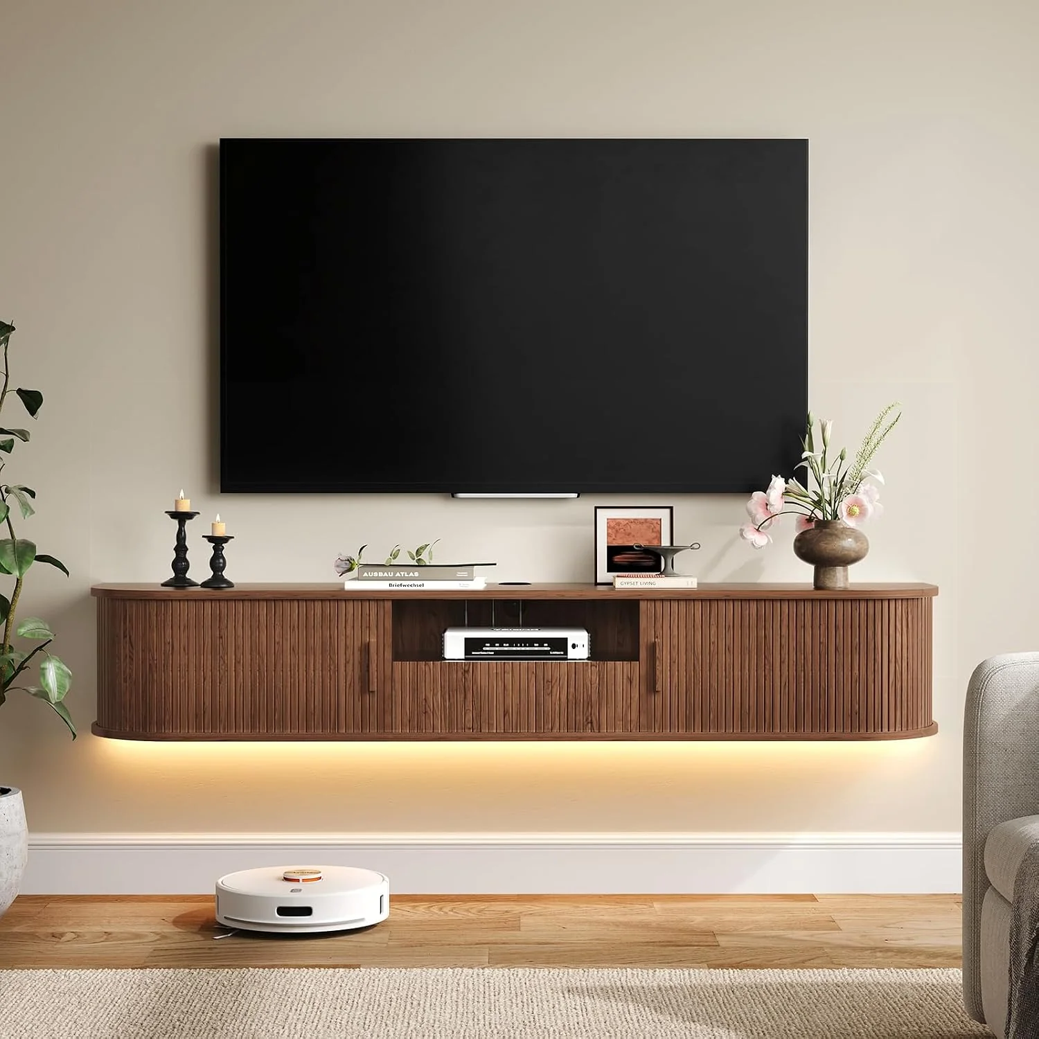 Clean 70 Floating TV Stand with LED Lights Wall Mounted TV Cabinet with Drawer and Power Outlets for T up to 80 70 Floating TV Stand with LED Lights Wall Mounted TV Cabinet with Drawer and Power Outlets for T up to 80 Sophisticated