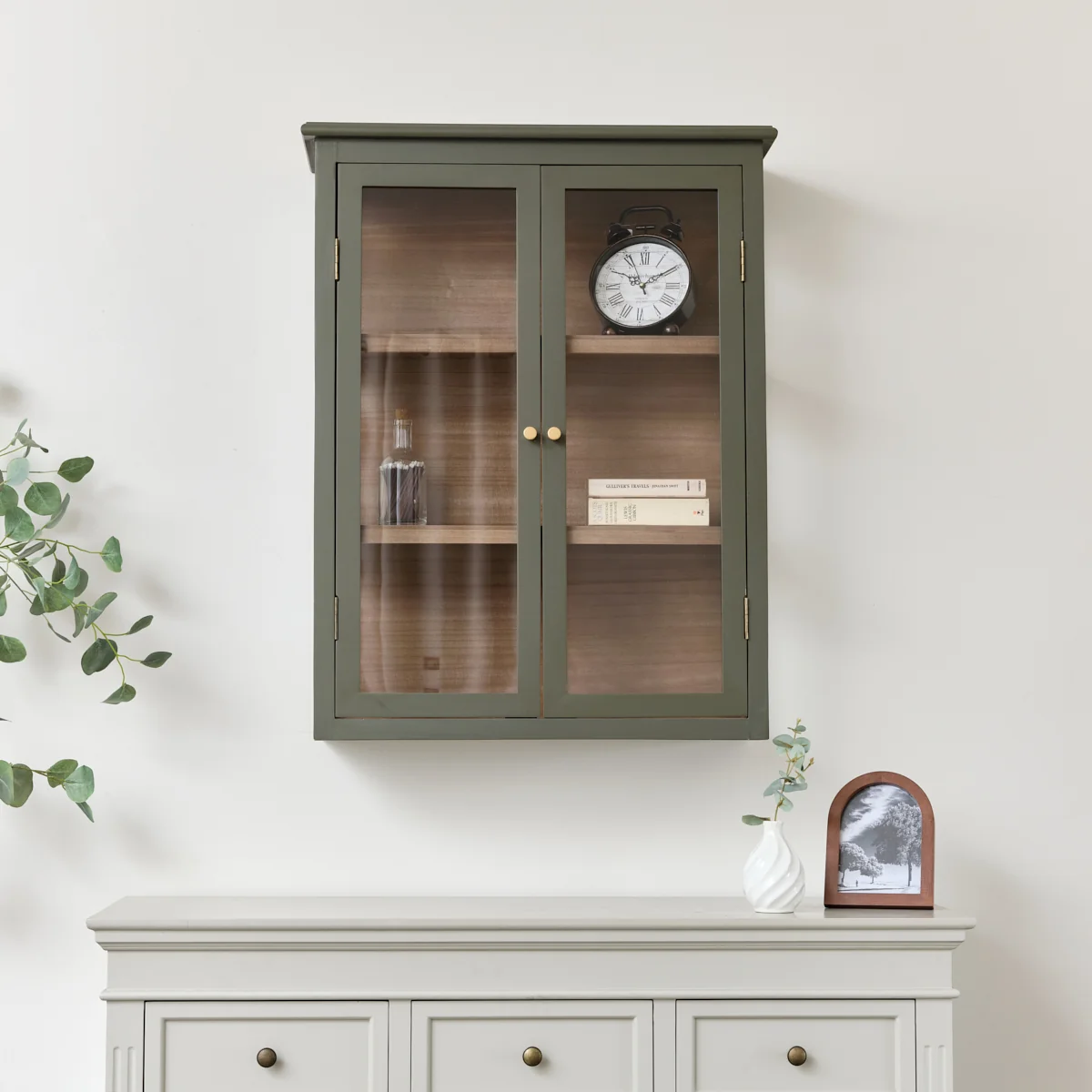 Minimalist Khaki Green and Wood Wall Cabinet with Clear Glass Front 70cm x 90cm Consistent