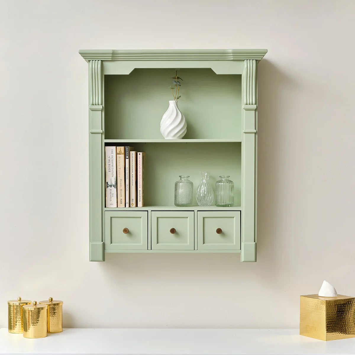 Trusted Sage Green Wooden Wall Shelf Unit with Drawers Relaxed