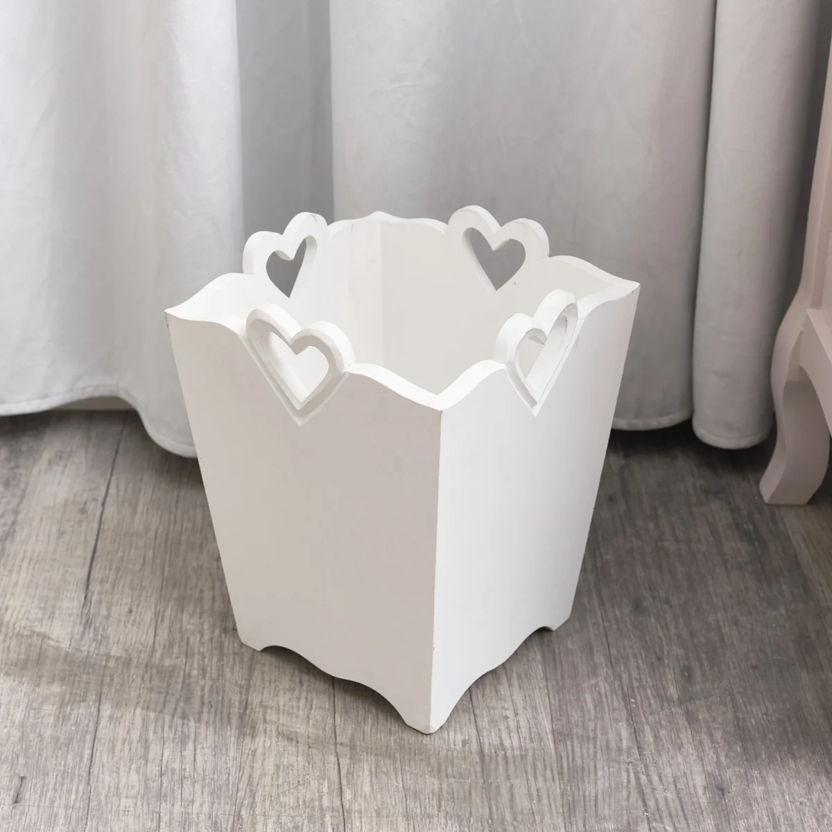 Relaxed White Wooden Bin With Heart Cut Out Efficient