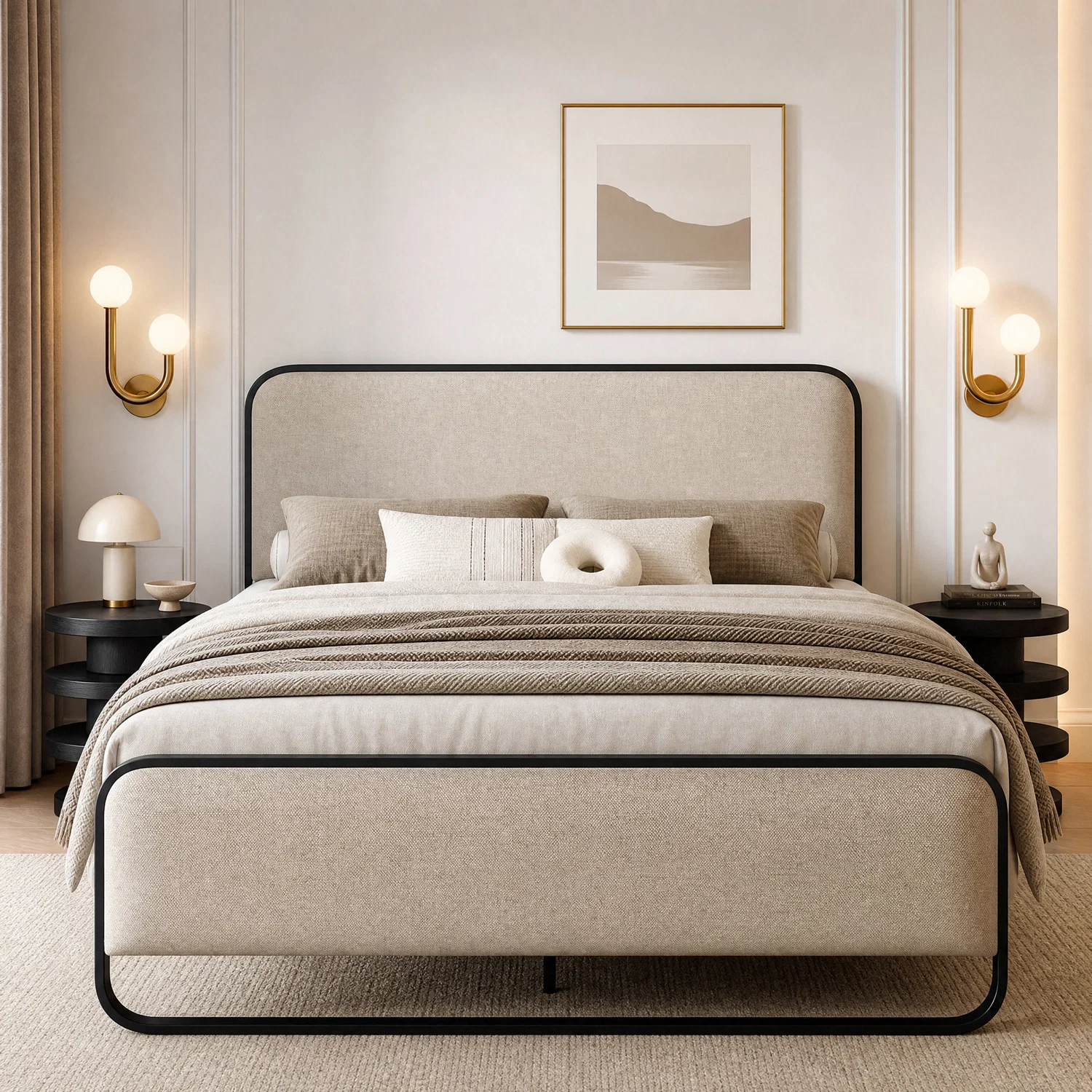Original Design Metal Bed Frame with Curved Upholstered Headboard Footboard Beige Platform Bed Frame with Under-Bed StorageMetal Bed Frame with Curved Upholstered Headboard Footboard Beige Platform Bed Frame with Under-Bed Storage Powerful