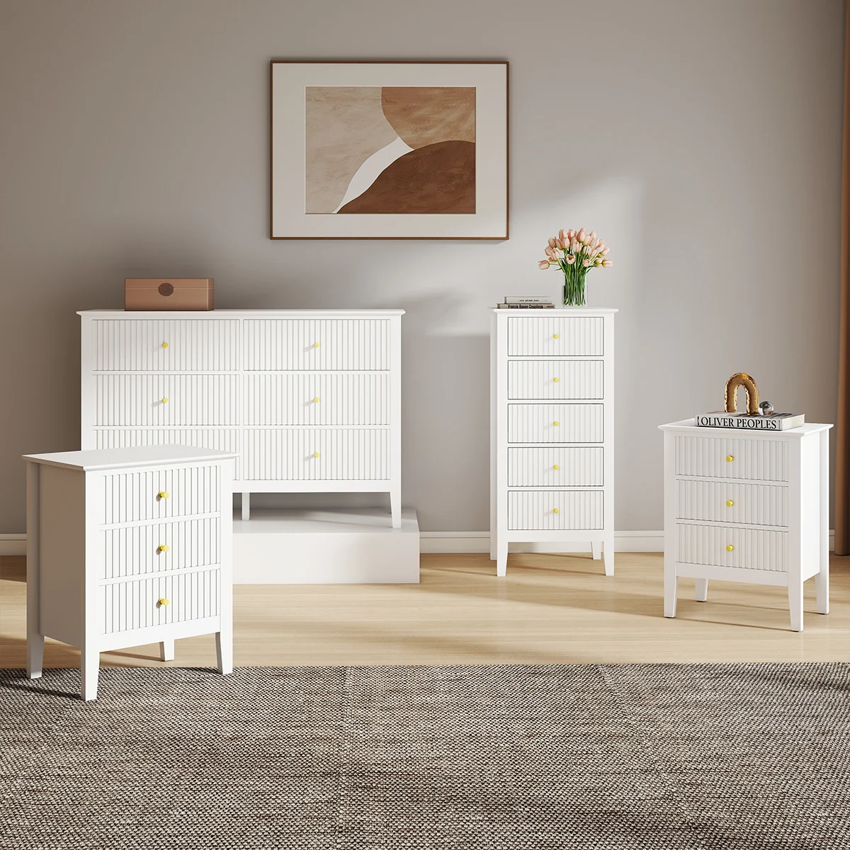 Exceptional 6 Drawer Chest of Drawers Tall 5 Drawer Bedside Table and Pair of 3 Drawer Bedside Tables – Hales White Range Certified