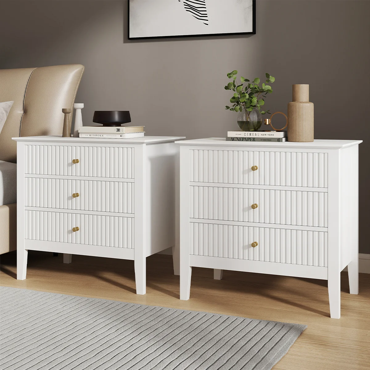 Genuine Pair Of Large 3 Drawer Bedside Tables – Hales White Range Luxury