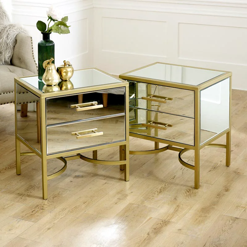 High-Grade Pair of Gold Mirrored 2 Drawer Bedside Tables – Venus Range Long-Lasting