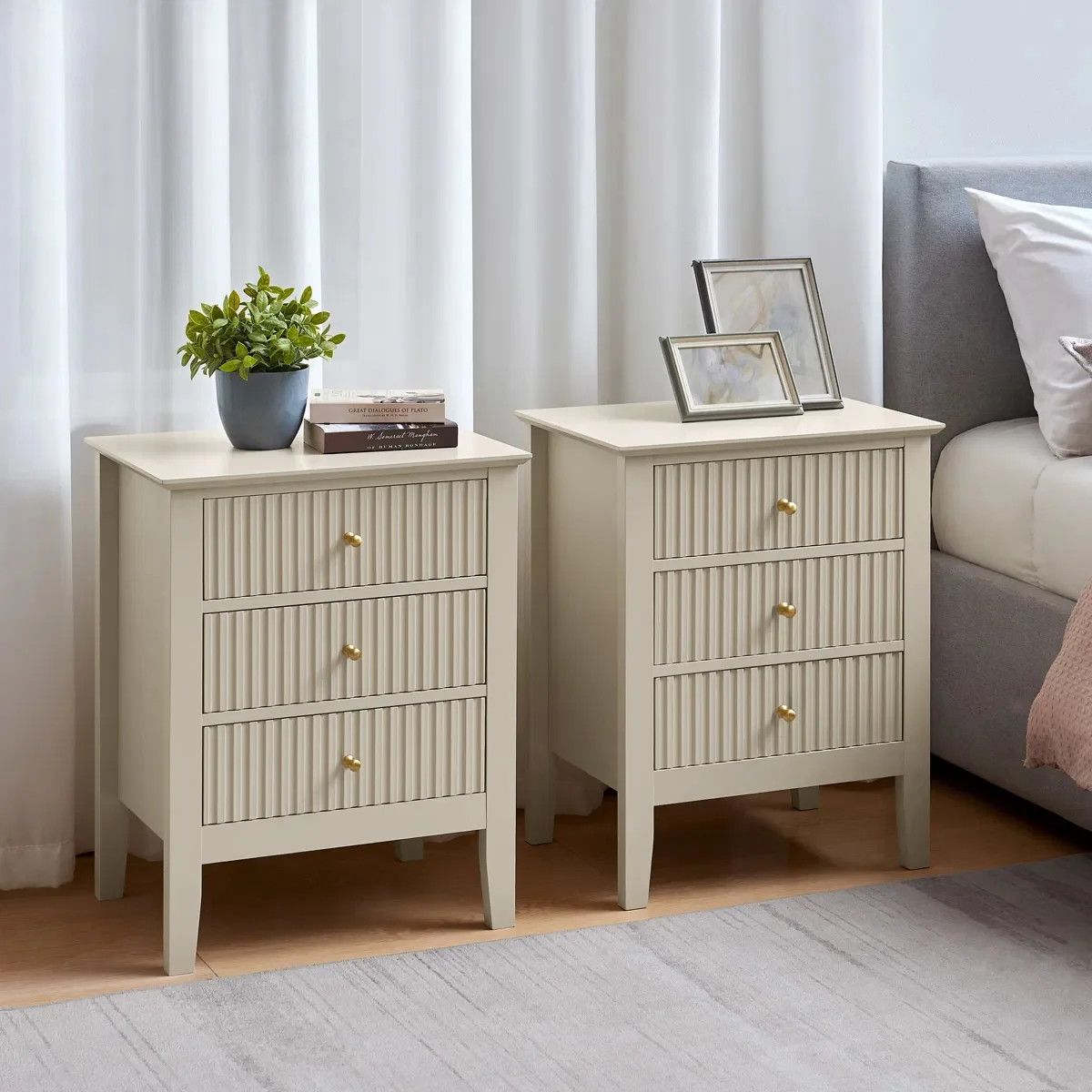 Sustainable Pair of 3 Drawer Bedside Tables – Hales Taupe Range Eco-Friendly