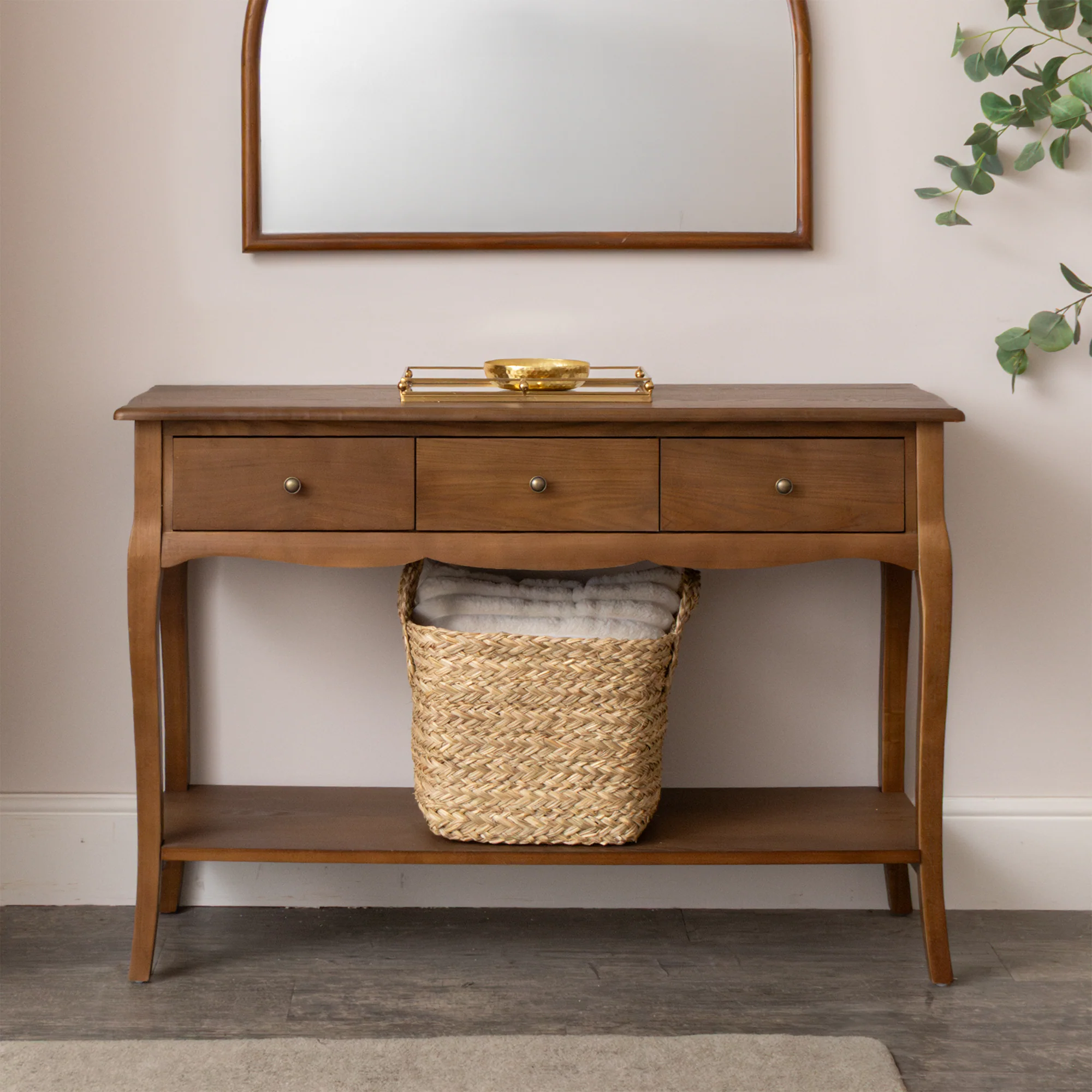 Contemporary 3 Drawer Dark Wood Console Table with Shelf – Ashwell Range High-Performance