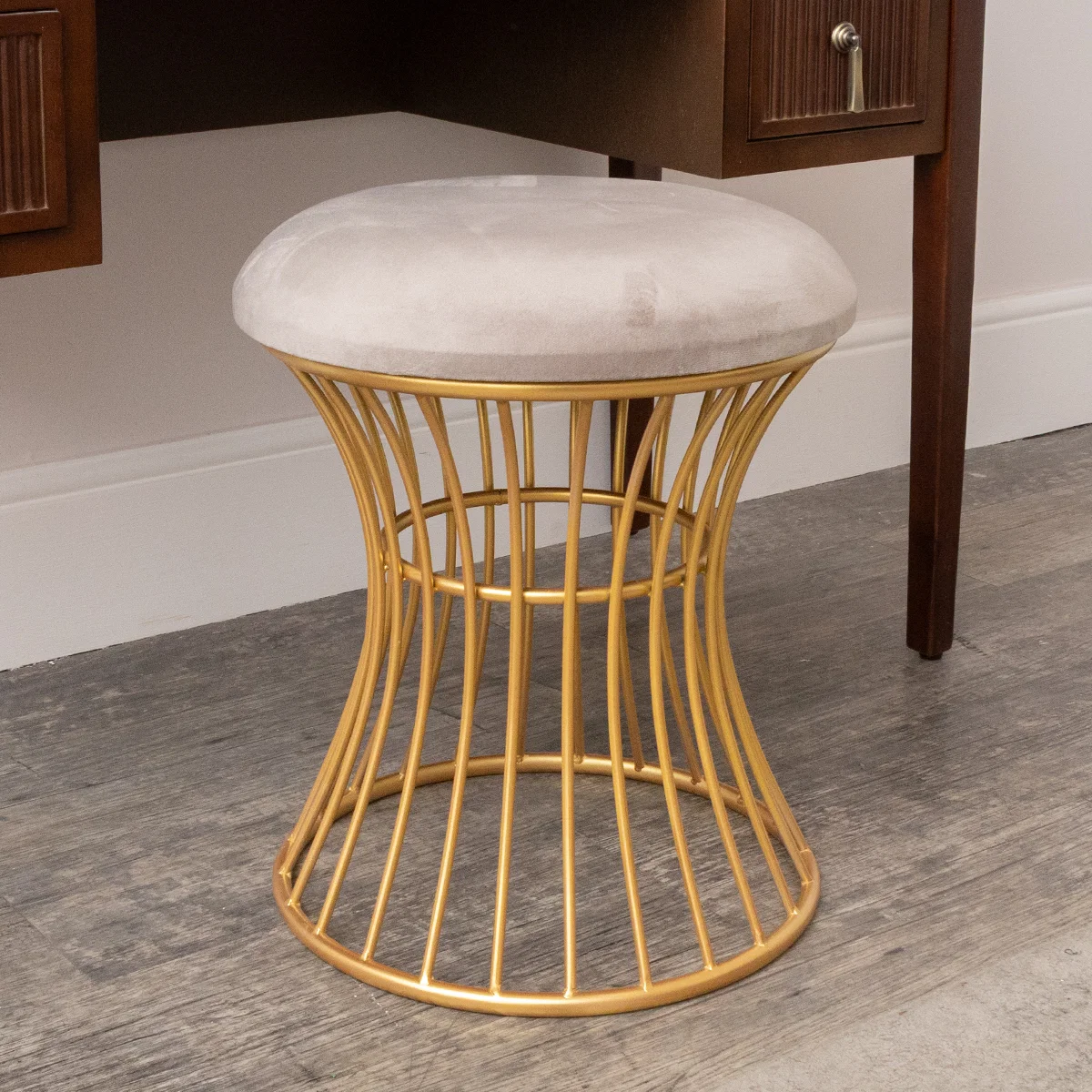 Recyclable Gold Grey Metal Detailed Upholstered Dressing Table Stool Minimalist