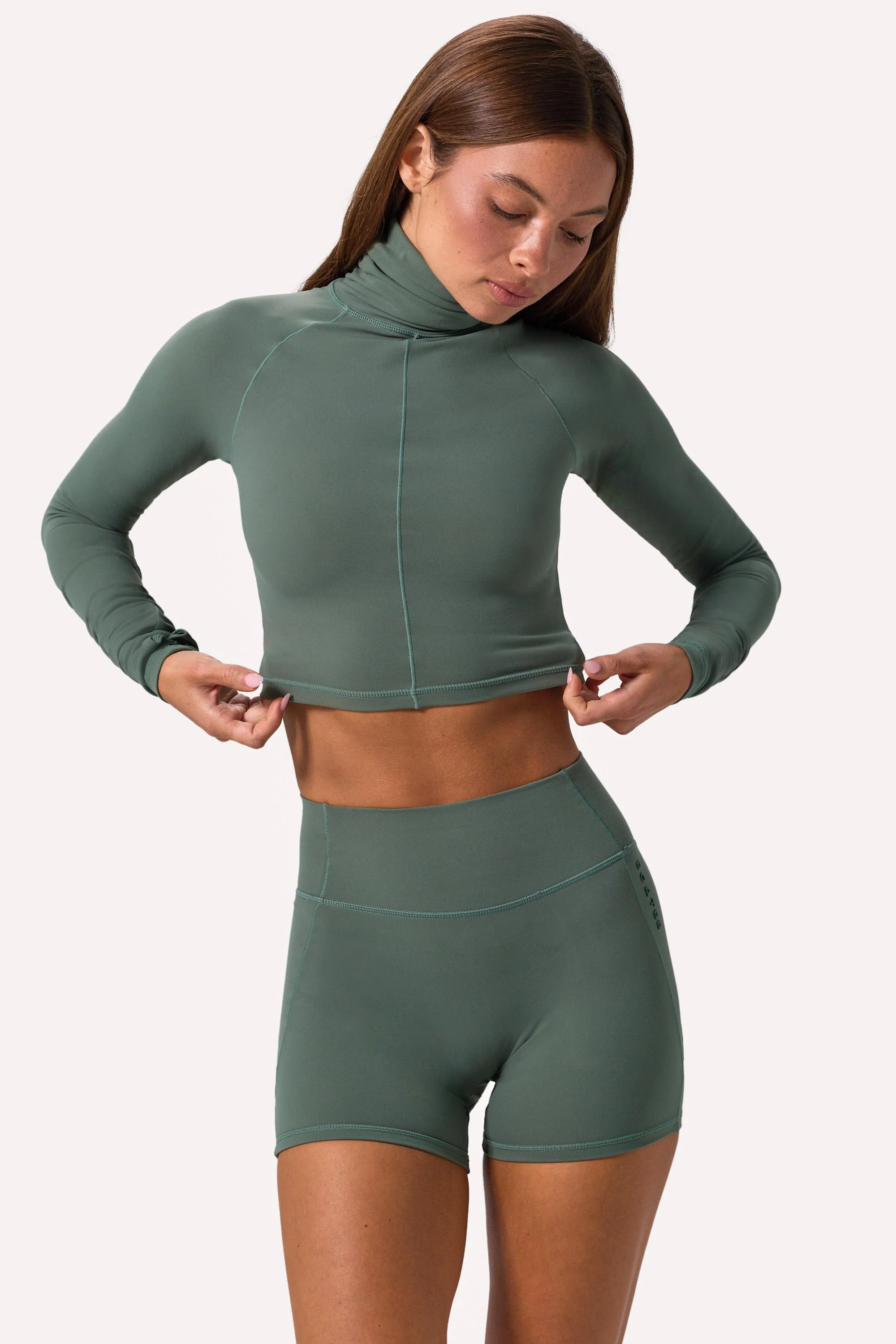 World-Class Soft Active Turtleneck Crop Top in Khaki Trusted