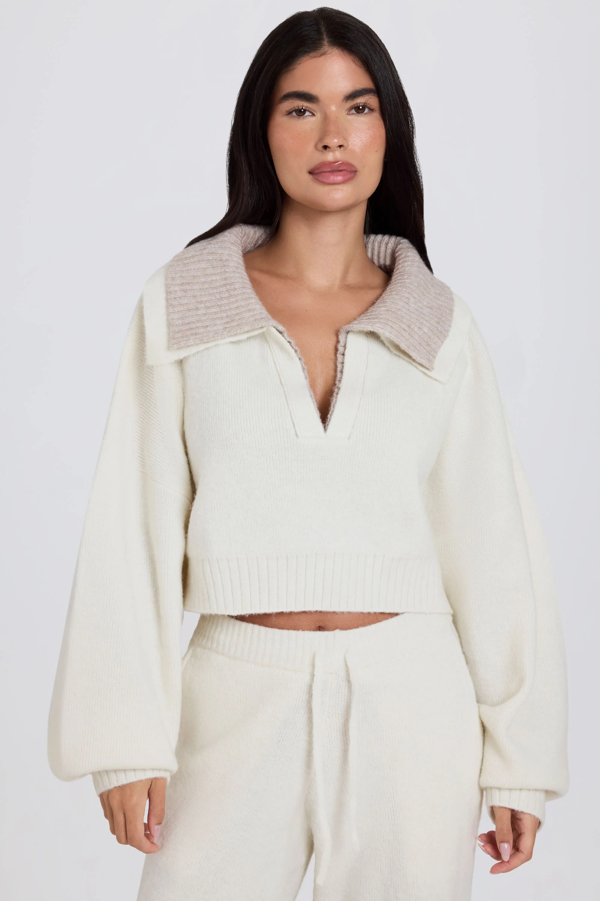 Fast Soft Knit Layered Collar Cropped Jumper in Ivory Official