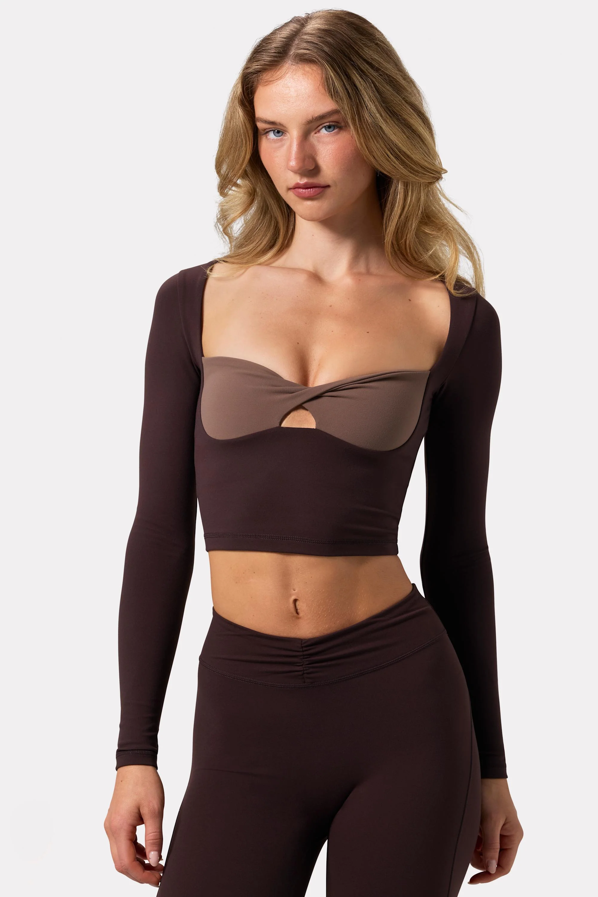 Lightweight Soft Active Twist-Front Crop Top in Espresso Contemporary