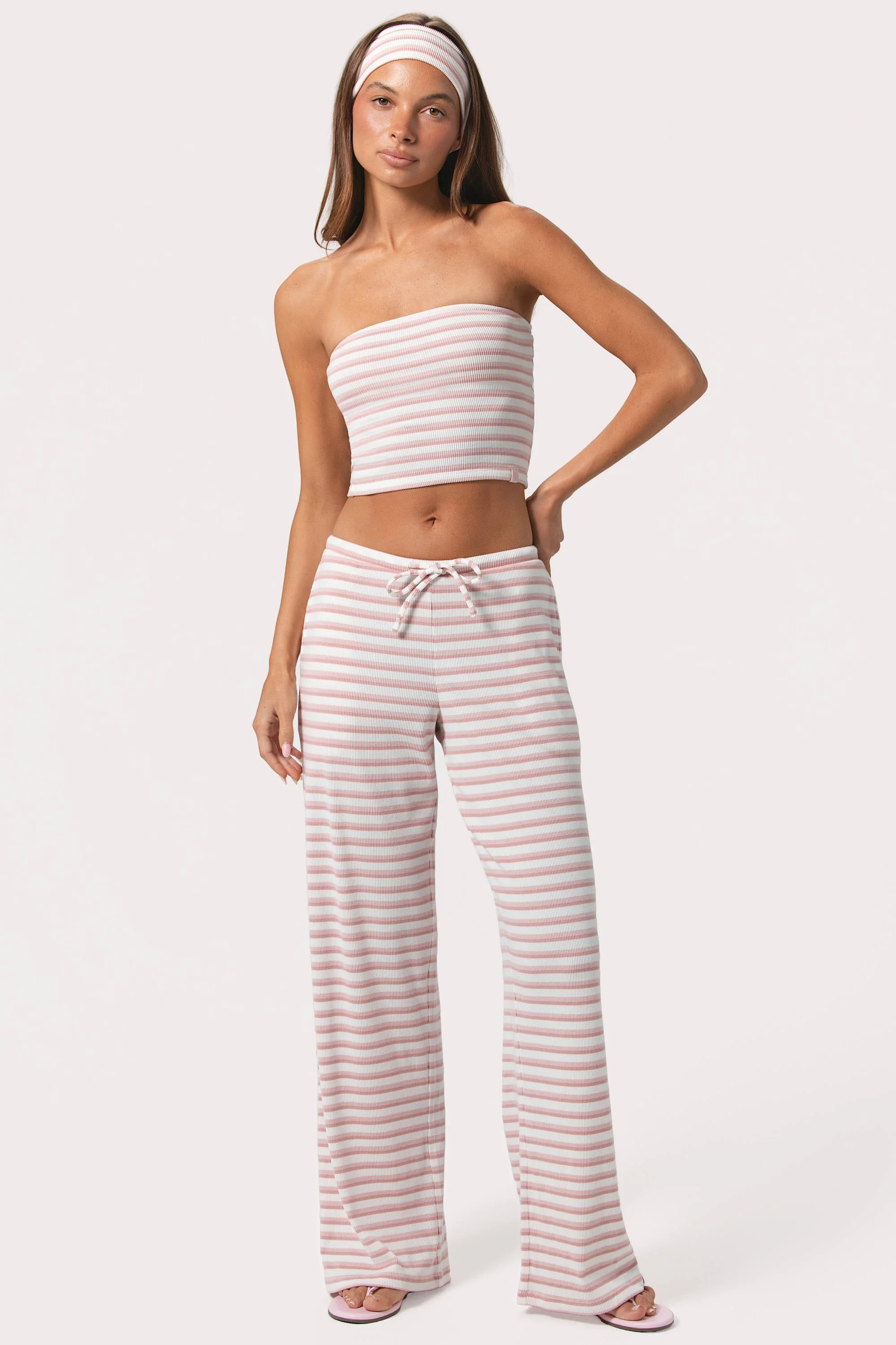 Advanced Ribbed Jersey Low-Rise Trousers in Pink Stripe Excellent