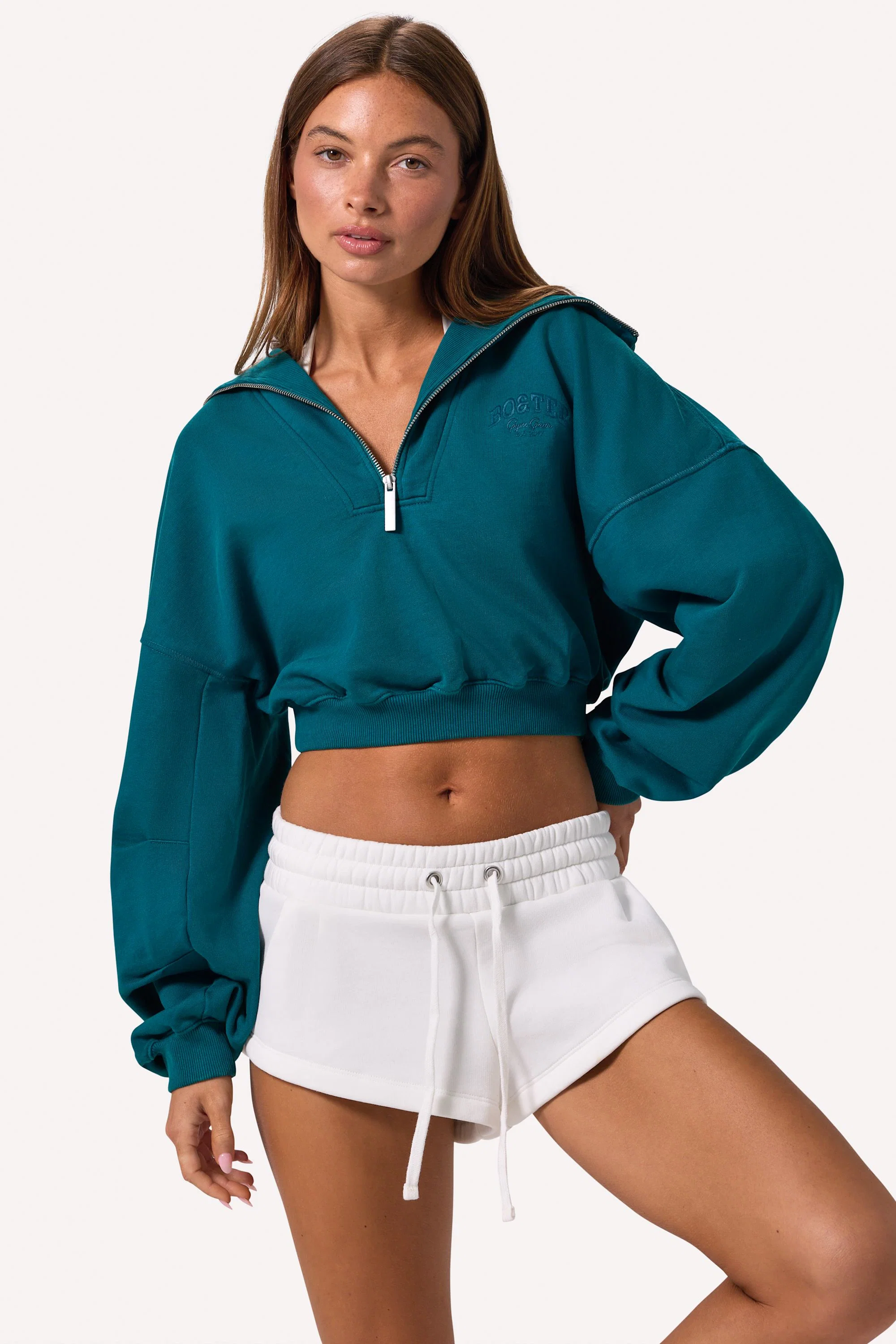 Exceptional Quarter-Zip Cropped Sweatshirt in Teal Organic