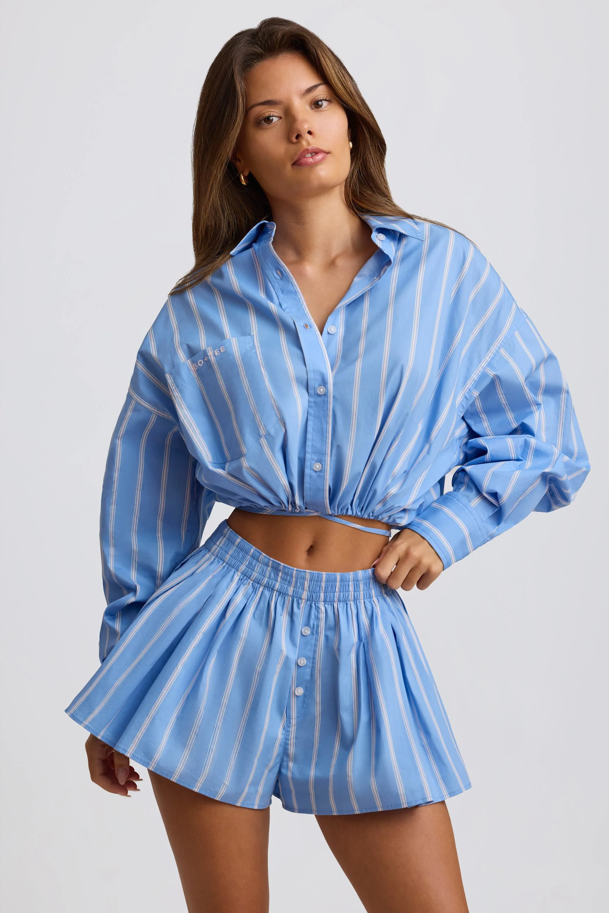 Durable Cotton Poplin Stripe Multiway Cropped Shirt in Blue Stripe Fine Crafted