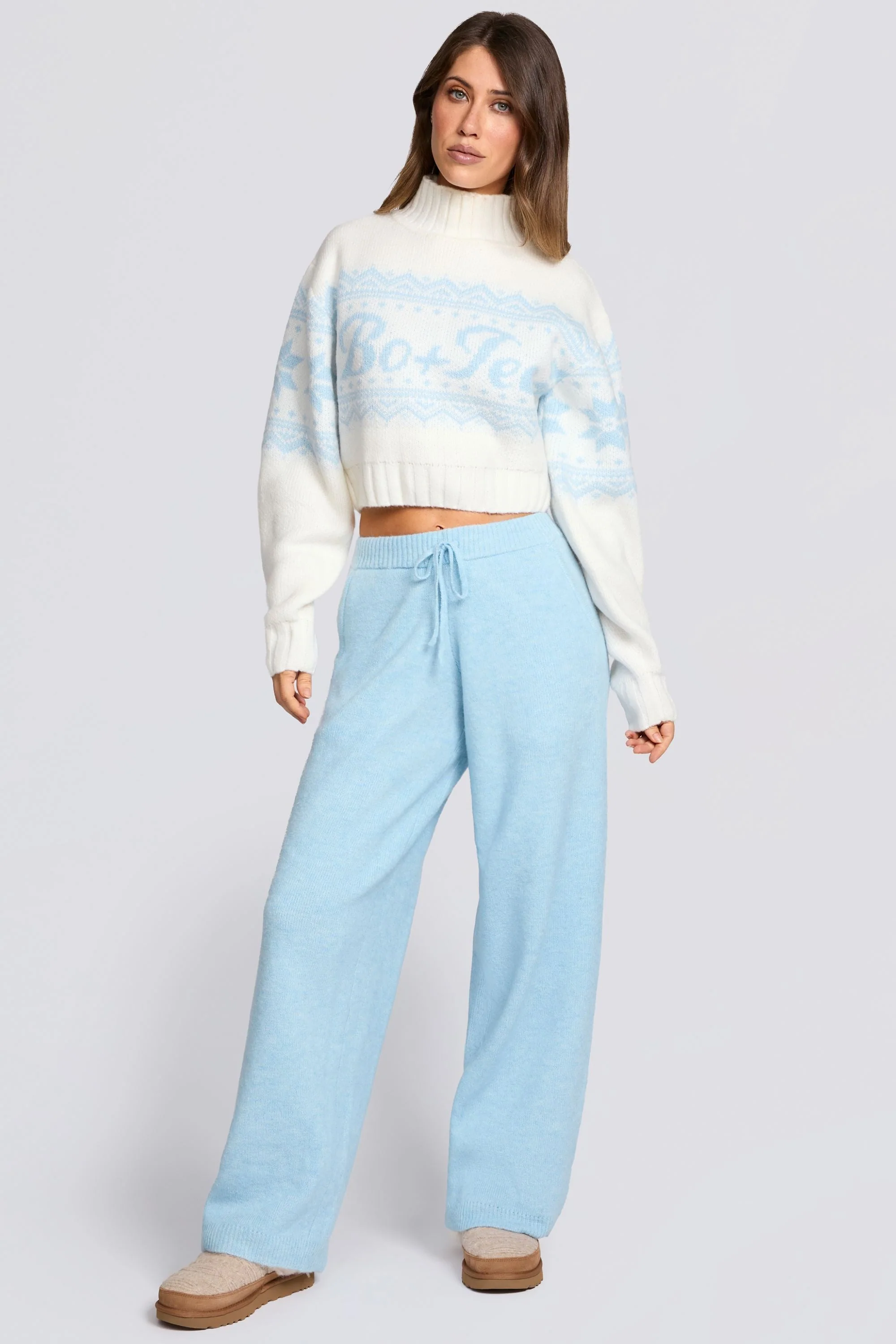 Premium Material Knit Mid-Rise Wide-Leg Joggers in Powder Blue Original Design