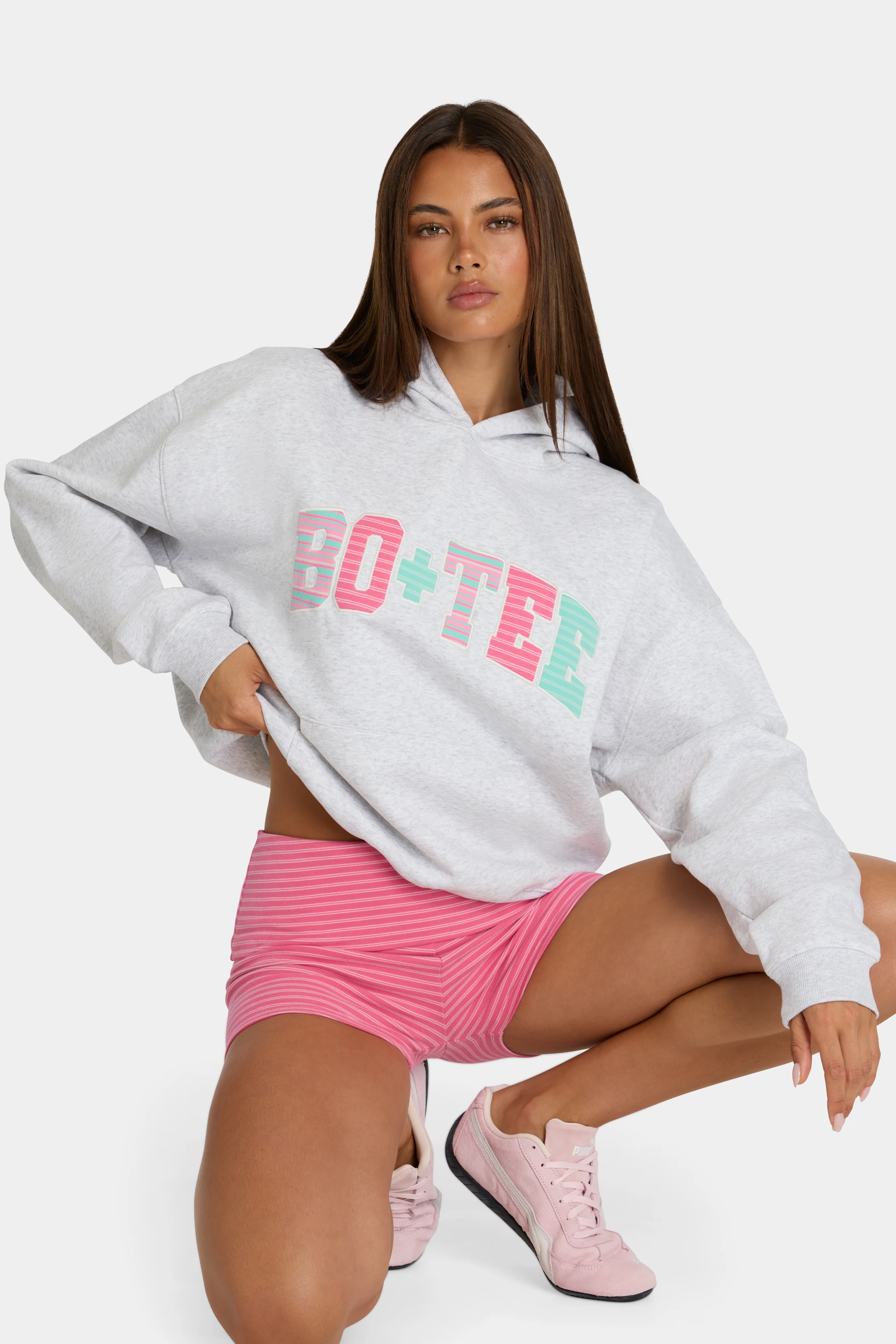 Healthy Oversized Applique Hoodie in Grey Marl Stripe Long-Lasting