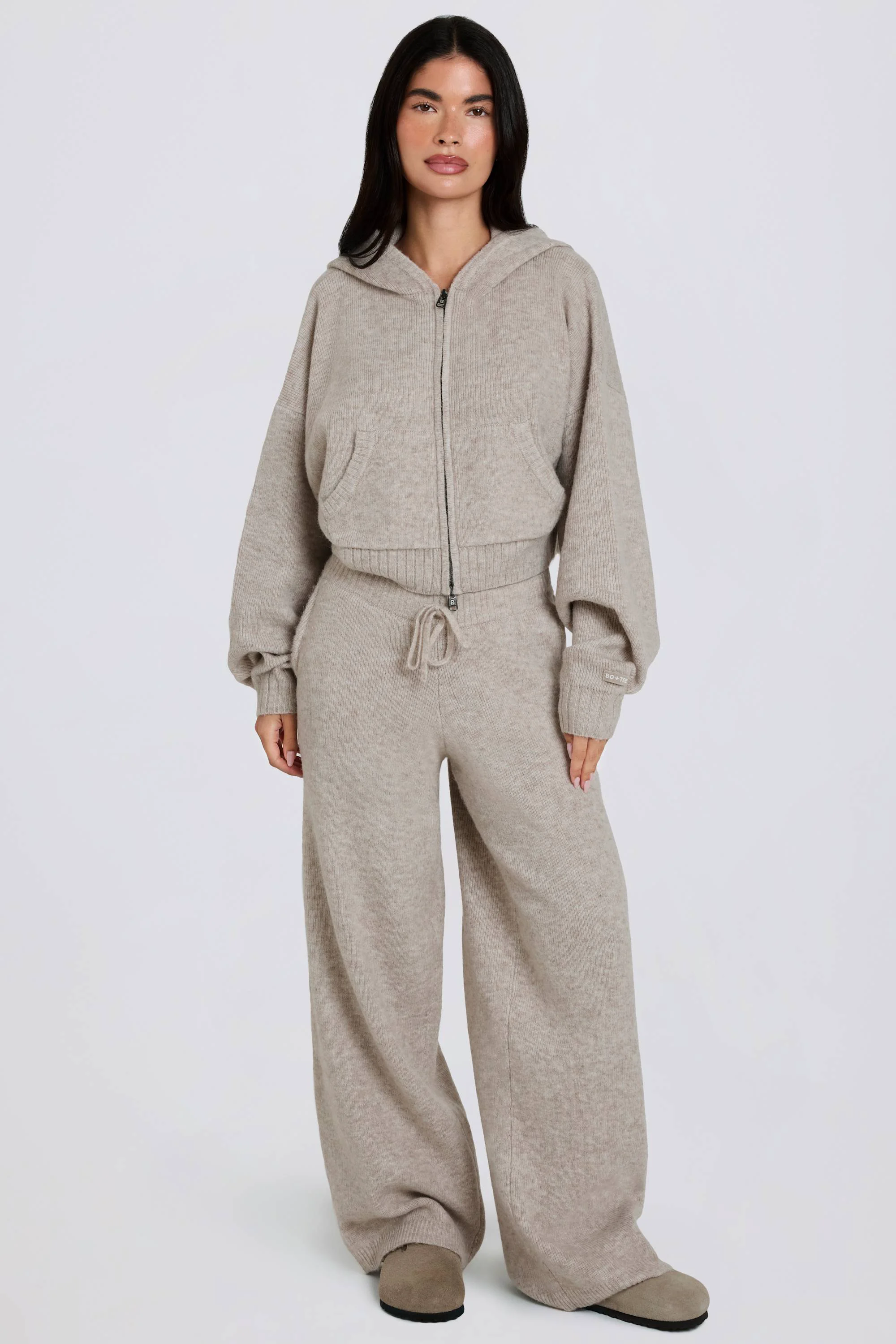 Secure Knit Mid-Rise Wide-Leg Joggers in Beige Unique