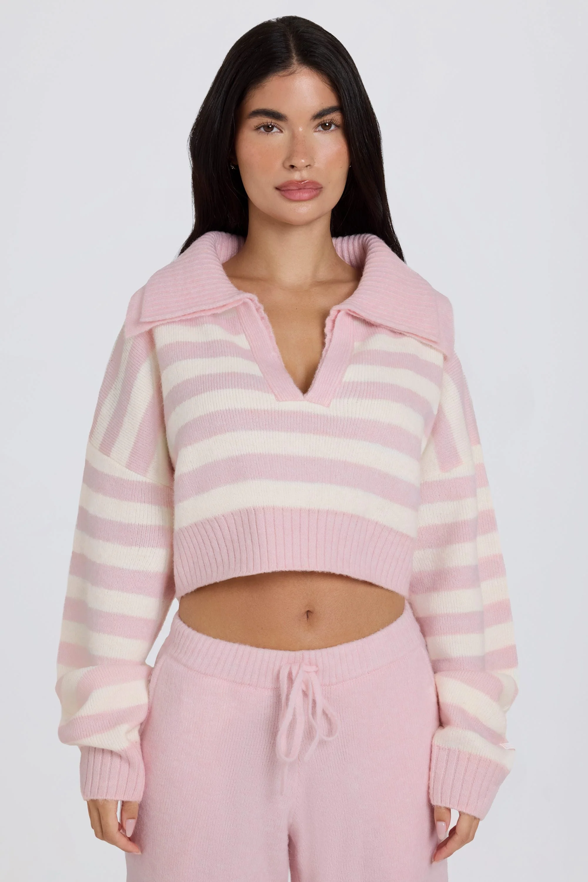 Functional Soft Knit Layered Collar Cropped Jumper in Pink Stripe Smart