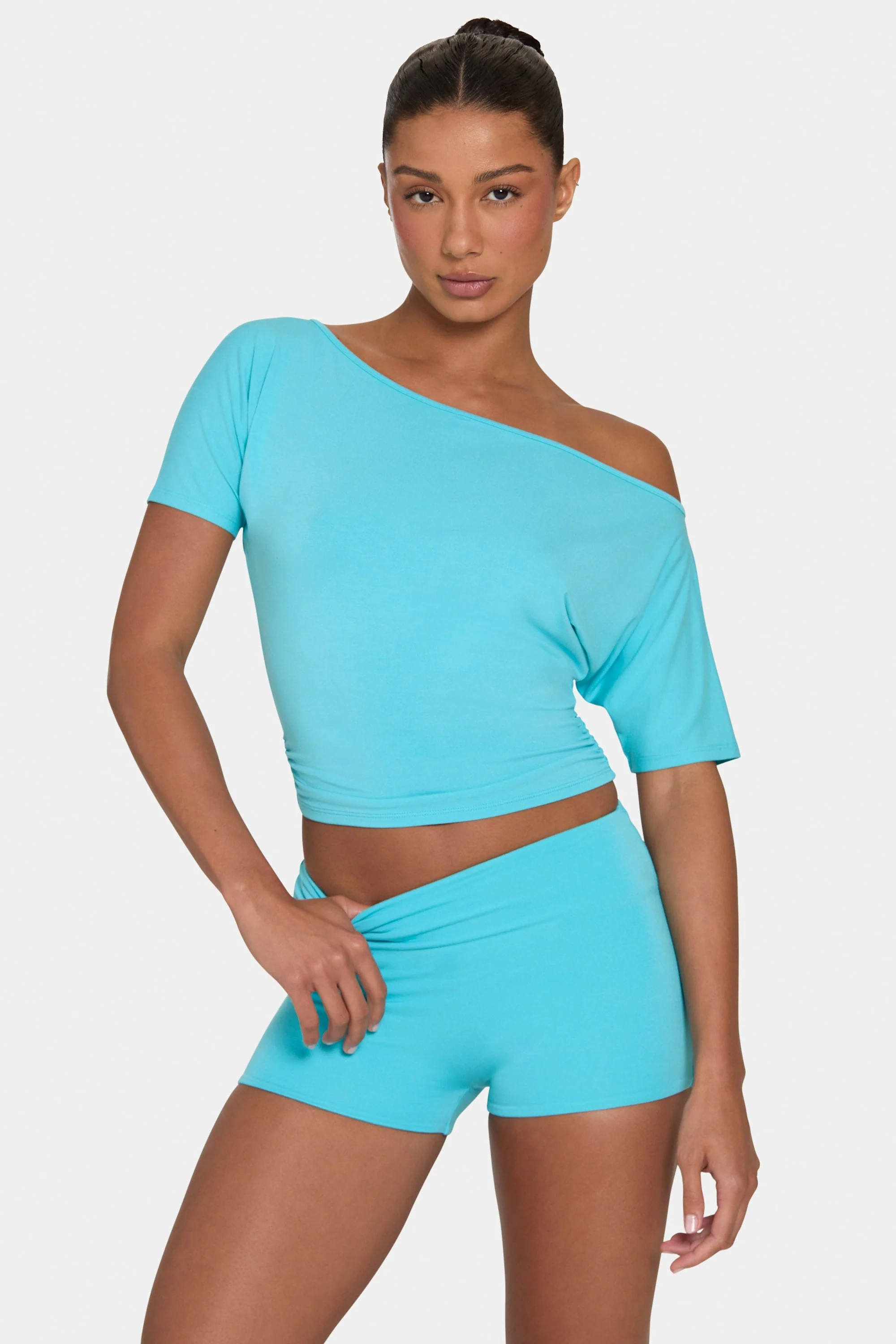 Natural ButterCloud™ Slouchy Off-Shoulder Top in Aqua Trendy