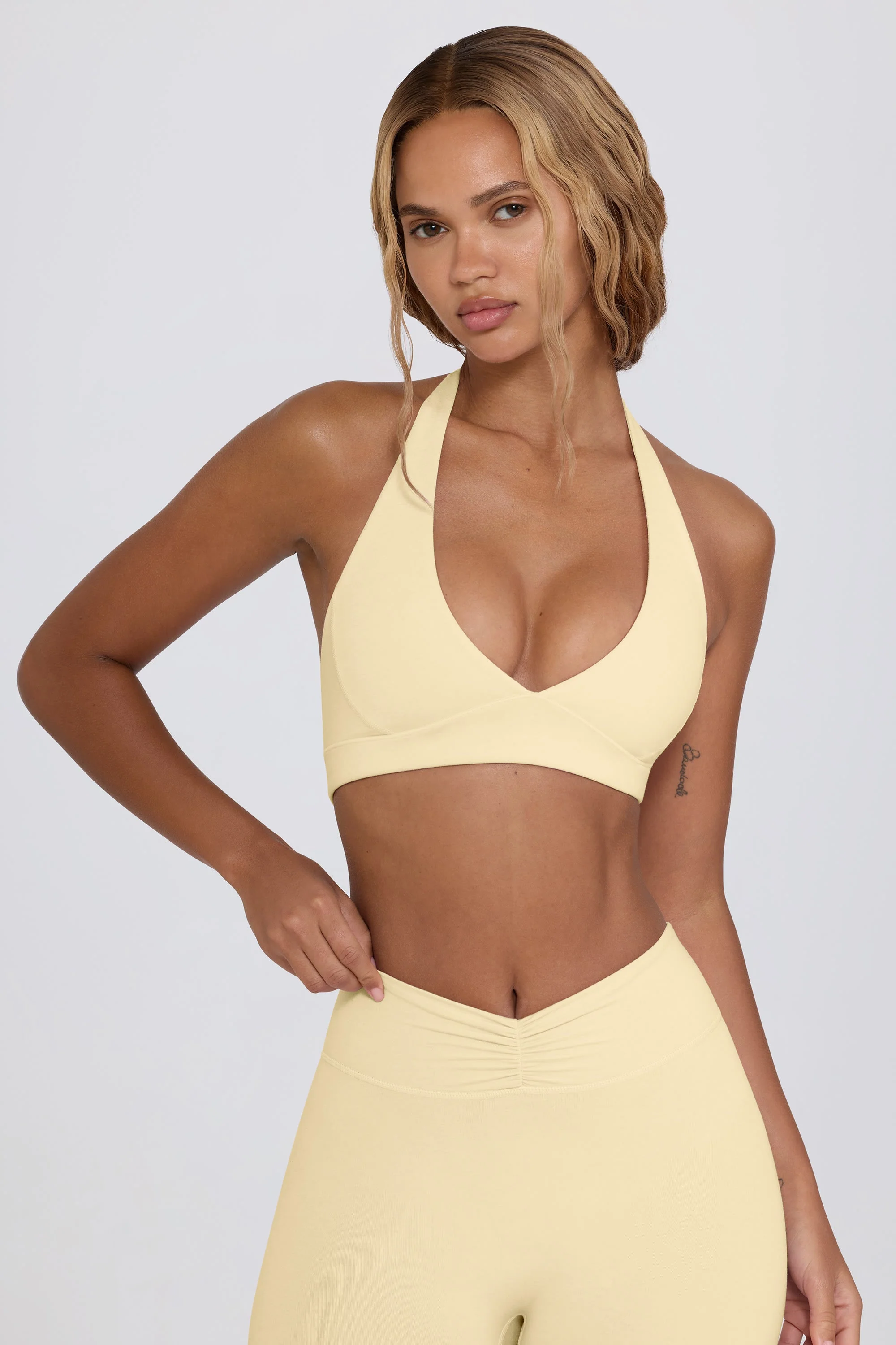 Trusted Brushed Jersey V-Neck Sports Bra in Lemon Marl Clean