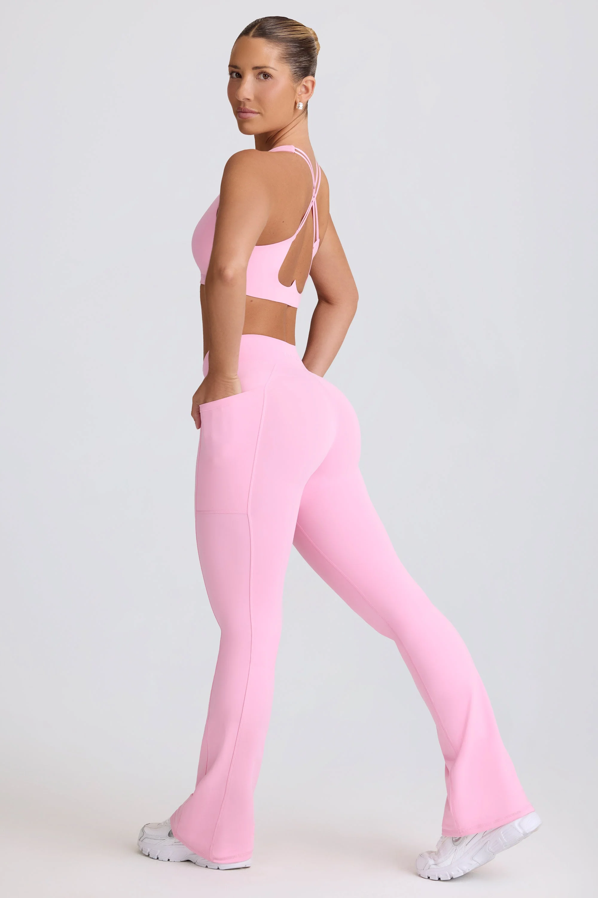 Traditional Soft Active V-Waist Pocket Flared Leggings in Baby Pink Advanced