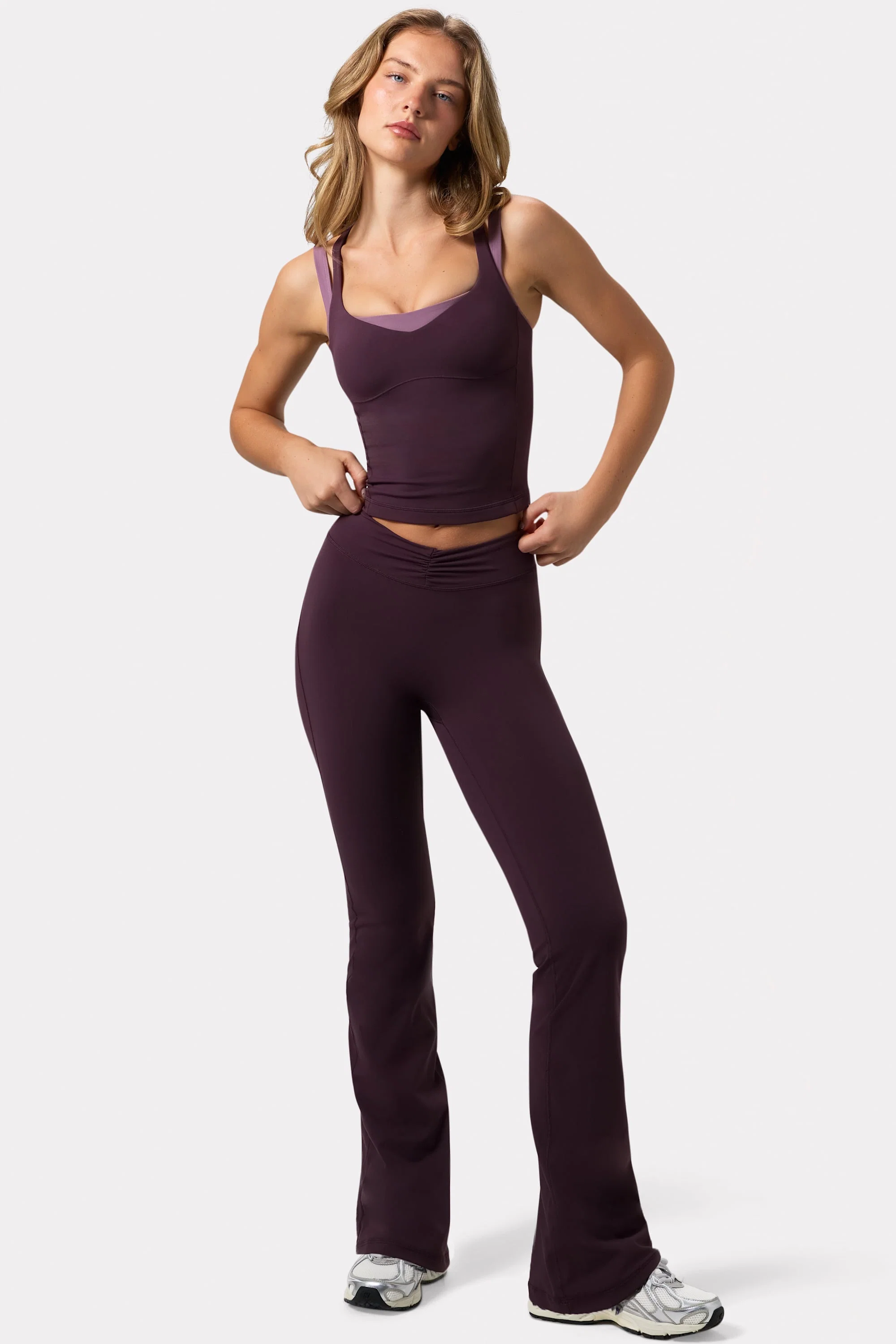 Crafted Soft Active Ruched Flared Trousers in Plum Fine Crafted