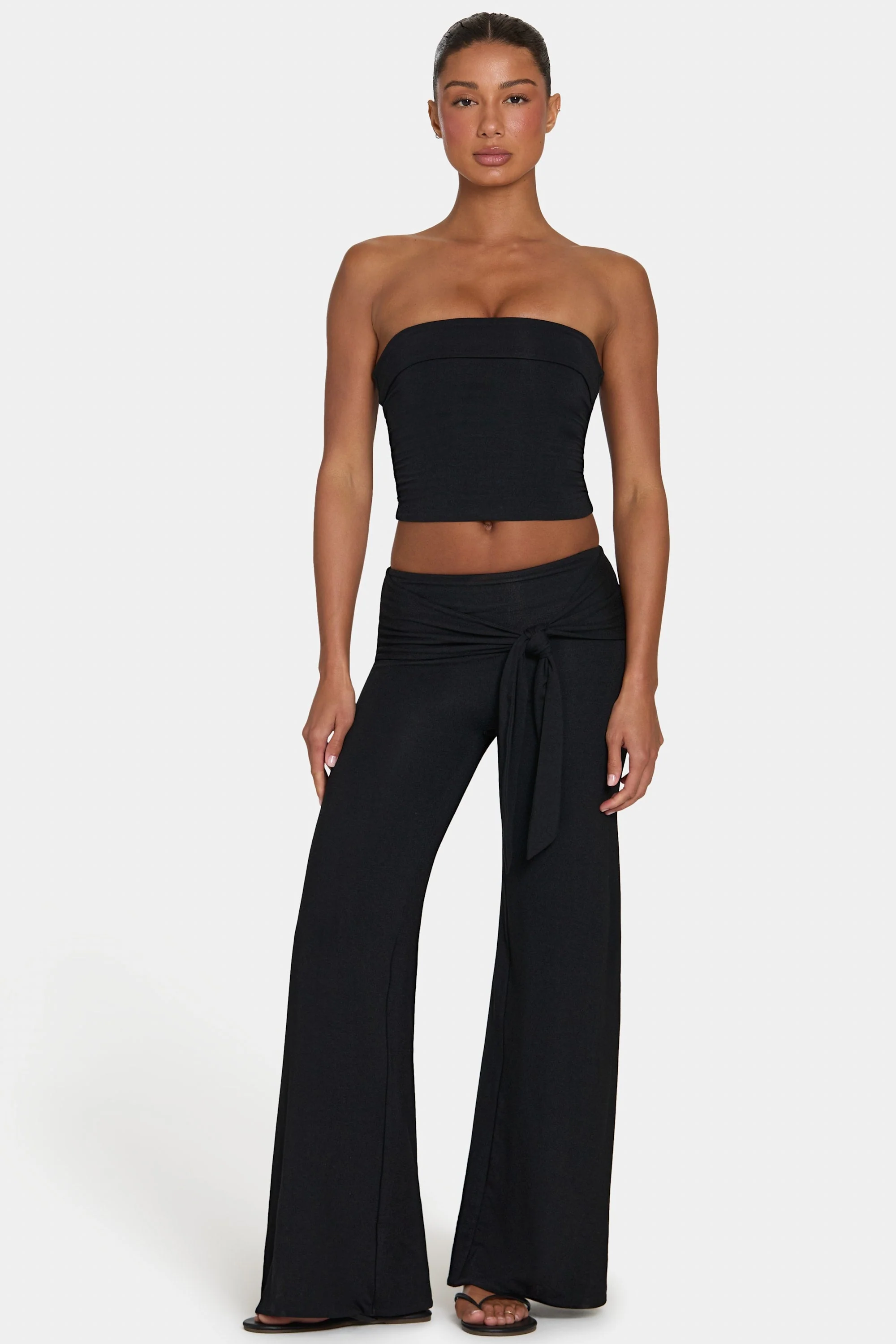 Eco-Friendly ButterCloud™ Tie-Waist Wide-Leg Trousers in Black Solid