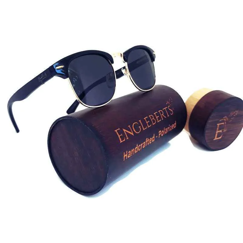 Powerful Engleberts Bamboo Club Sunglasses – Midnight Black with Polarized Lenses and Stylish Wood Case Classic