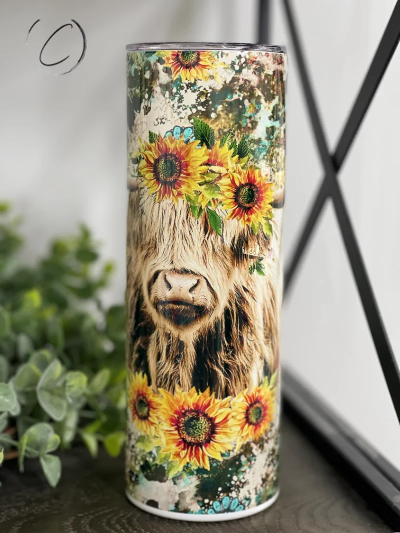 Fast Sunflower Highland Cow Tumbler – Insulated Stainless Steel Travel Cup Western Floral Drinkware Gift Elegant