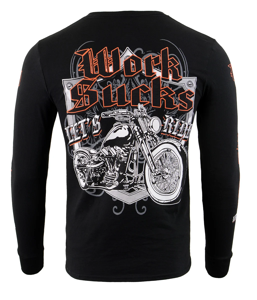 Easy-to-Use Biker Clothing Co. BCC117004 Men’s Black ‘Work Sucks Let’s Ride ‘ Long Sleeve T-Shirt Durable
