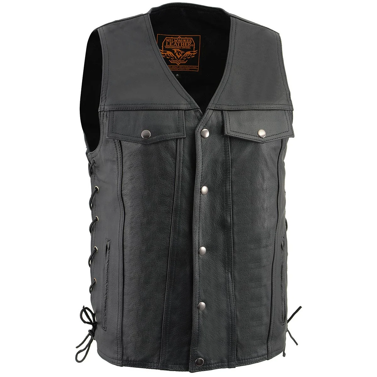 Exceptional Milwaukee Leather LKM1360 Men’s Classic Black Leather V-Neck Motorcycle Rider Vest w Adjustable Side Laces Genuine