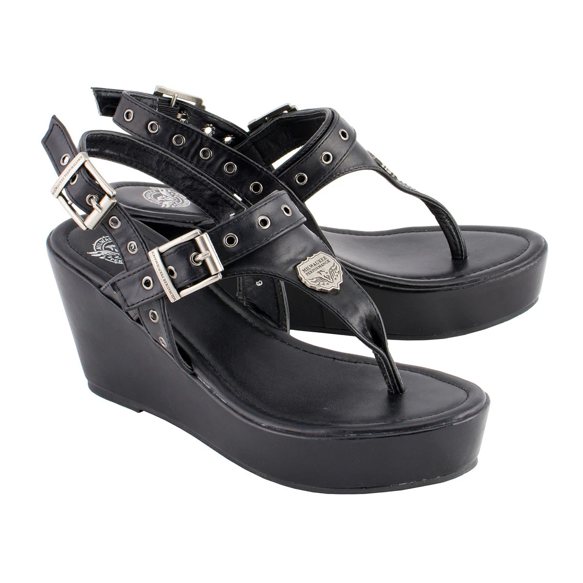 Quality Milwaukee Leather MBL9411 Women’s Black Wedge Fashion Casual Sandals with Buckled Straps Durable