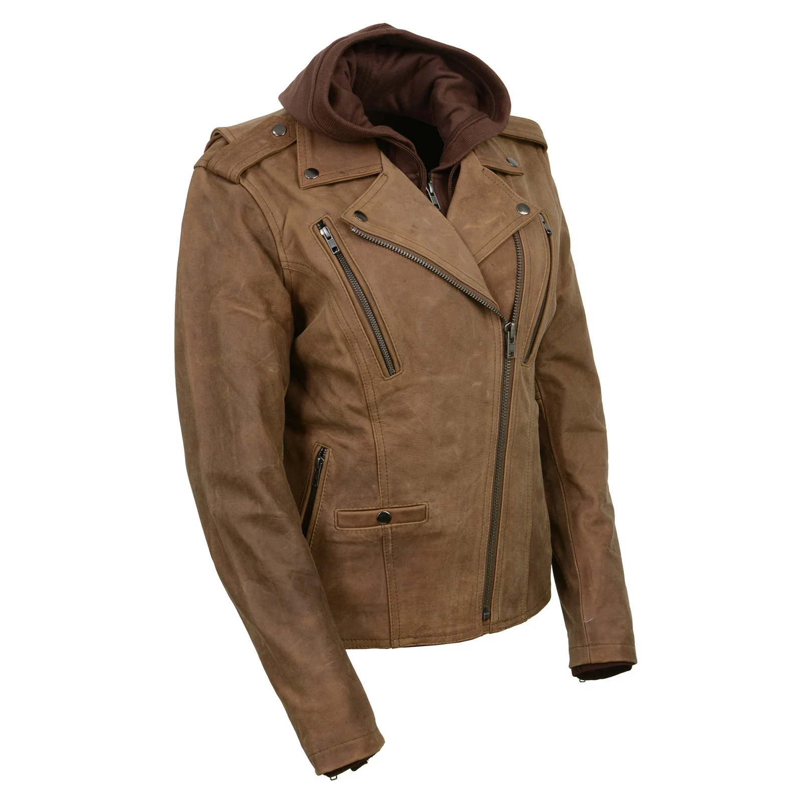 High-Quality Milwaukee Leather MLL2511 Women’s ‘Damsel’ Vintage Crazy Horse Brown Leather Jacket w Removable Hoodie Sophisticated