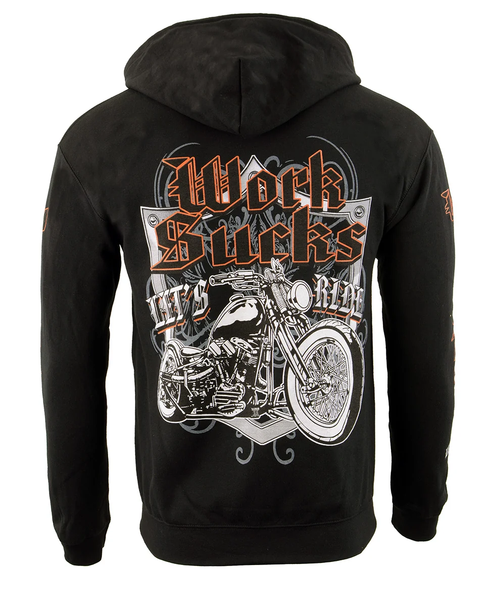 Elite Biker Clothing Co. BCC118004 Men’s Black ‘Work Sucks-Lets Ride’ Motorcycle Hoodie Practical