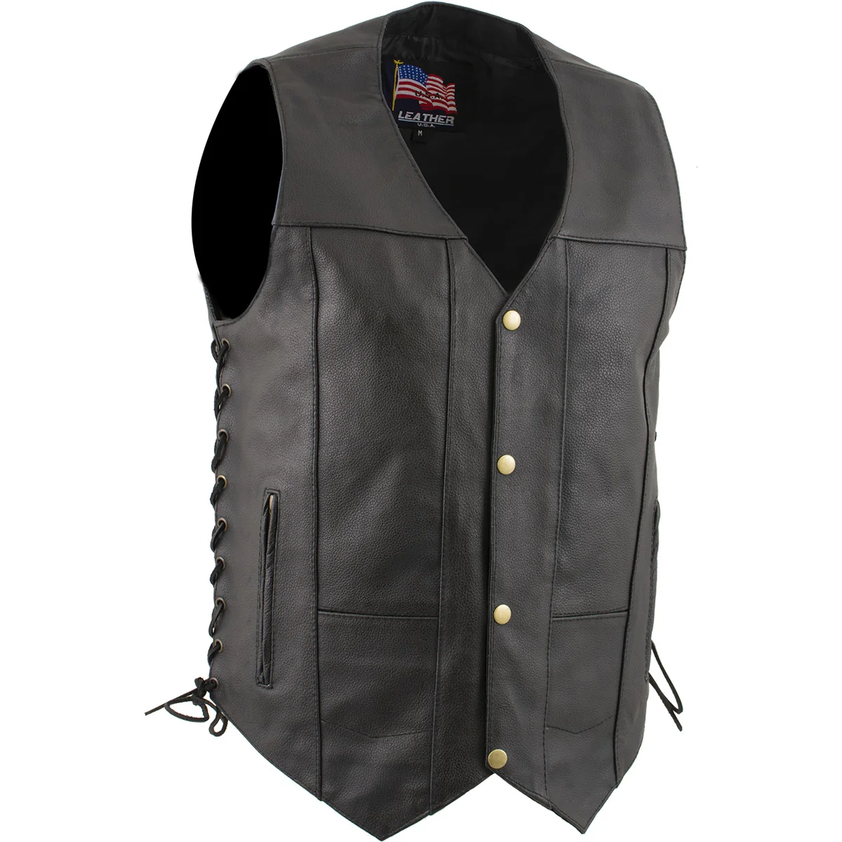 Authentic USA Leather 1204 Men’s Black ‘Dime’ Classic Leather Ten Pocket Motorcycle Biker Vest with Side Laces Official