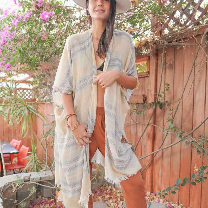 Comfortable Frayed Striped Kimono Organic