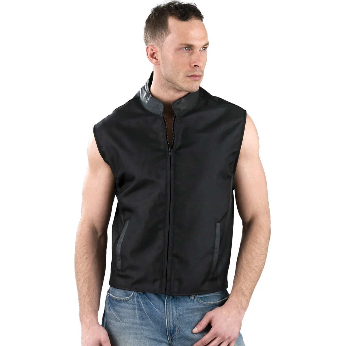 Clean Milwaukee Leather SH2019 Men’s Black Textile and Leather Zipper Front Moto Vest Pure