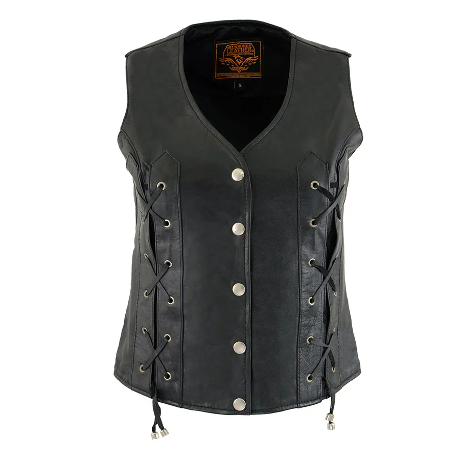 High-Performance Milwaukee Leather XS1216 Ladies Black Leather Vest with Front Laces Detailed
