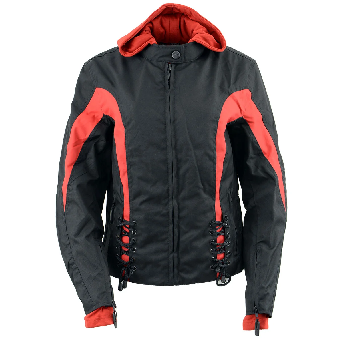 Advanced NexGen SH1998 Ladies Red and Black Textile Racer Jacket with Removable Hoodie Convenient