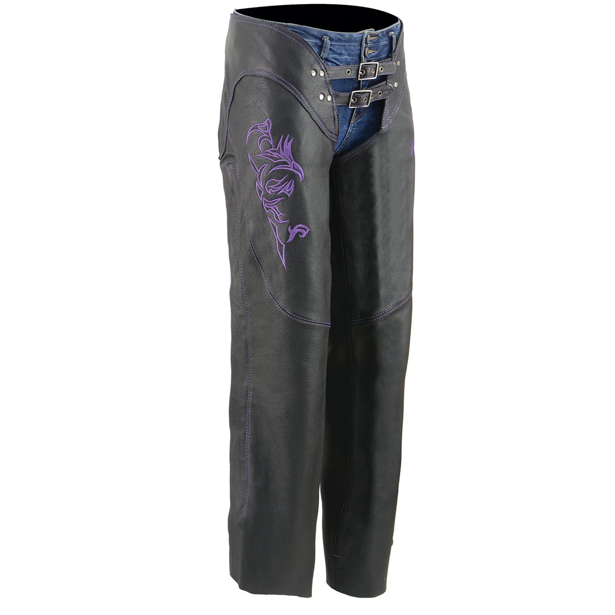 Modern Milwaukee Leather Chaps for Women Black and Purple Low-Rise Waist- Double Buckle Reflective Embroidery Motorcycle Chap- ML1187 Green