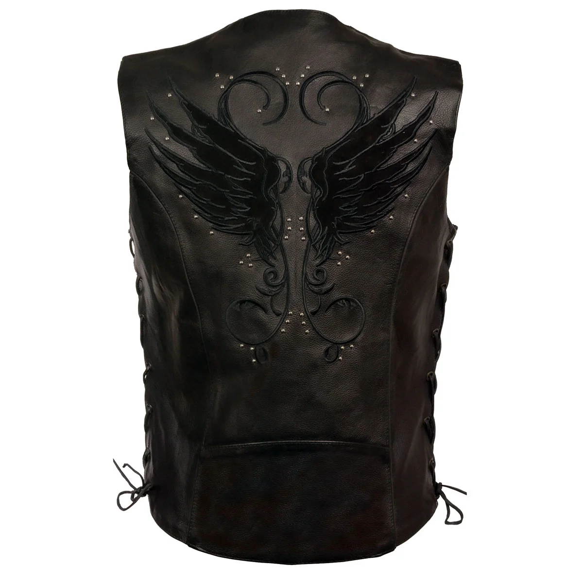 Contemporary Milwaukee Leather MLL4505 Women’s Black Leather Side Lace Motorcycle Rider Vest- Reflective and Studded Black Wings Genuine